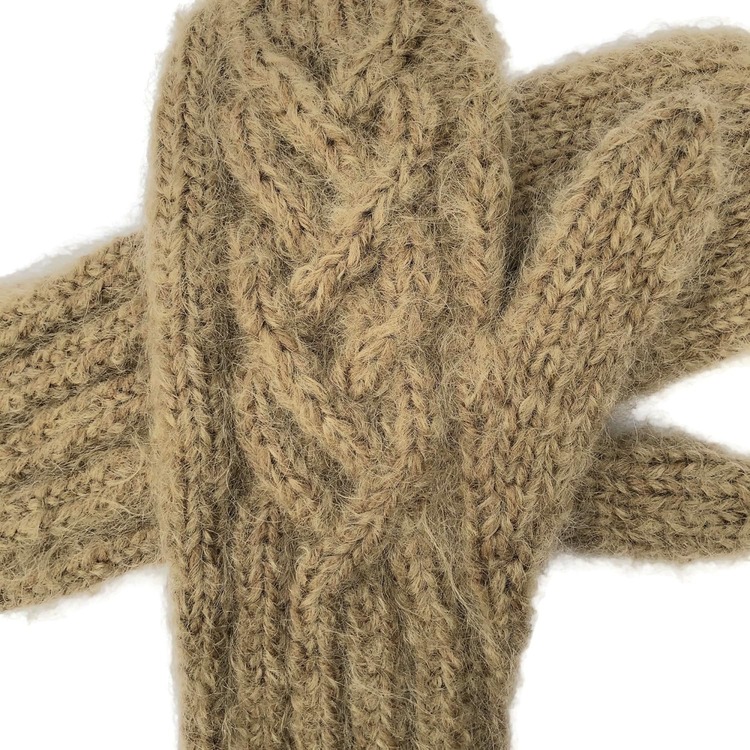 Camel Brown Mittens Hand Knit Wool and Mohair with Celtic Twist Cable