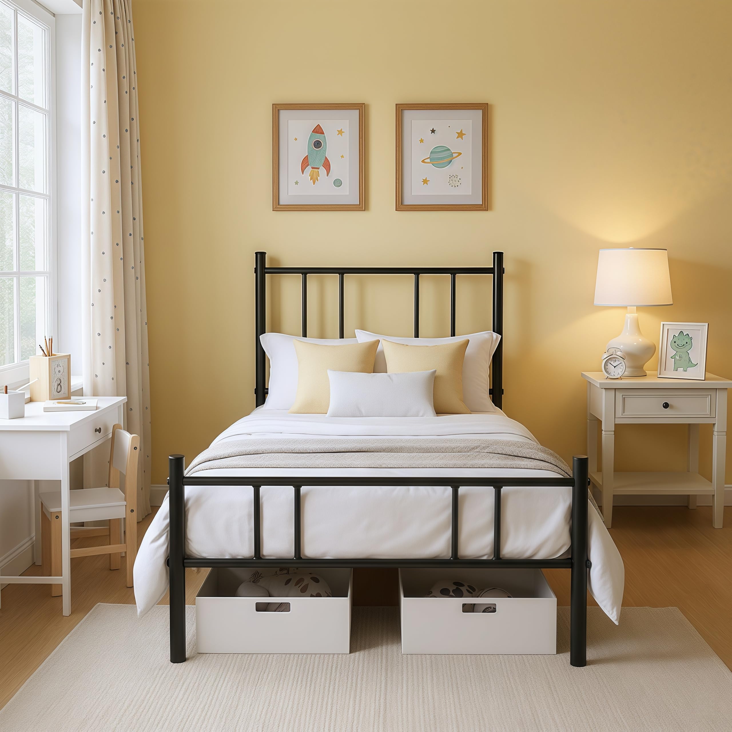 Métal Cadre de Lit, 90 x 190 cm, avec Tête et Pied, Lit Une Place, Adapté aux Petits Espaces, pour Adolescent, Enfant, Adulte, Nombreux Rangements sous, Noir