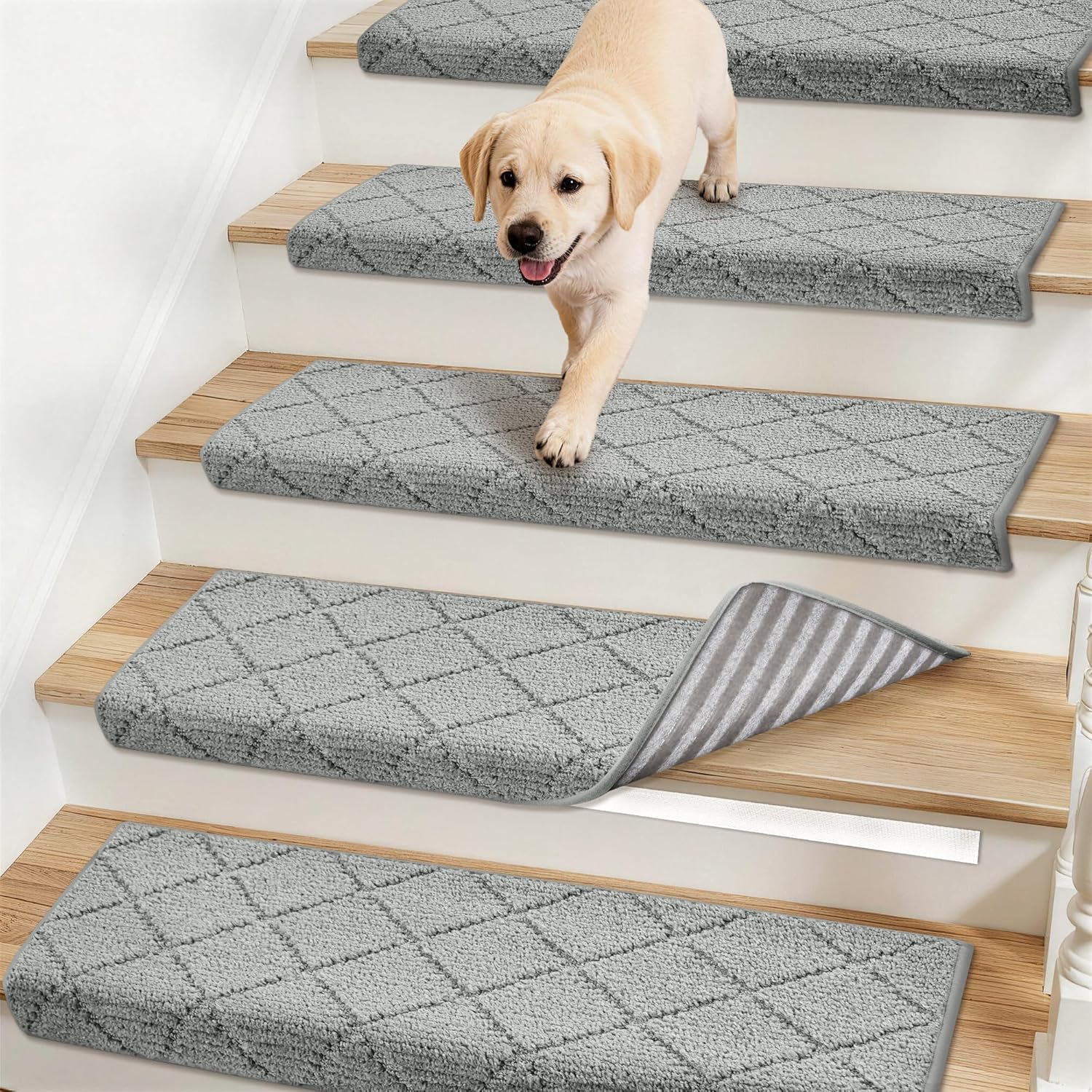 COSY HOMEER Bullnose Carpet Stair Treads,Peel and Stick Non-Slip Stair Treads for Wooden Steps,Washable Soft Edging Stair Tread,11" x 30" Pet-Friendly Reusable Stair Runner(3PCS,Grey)