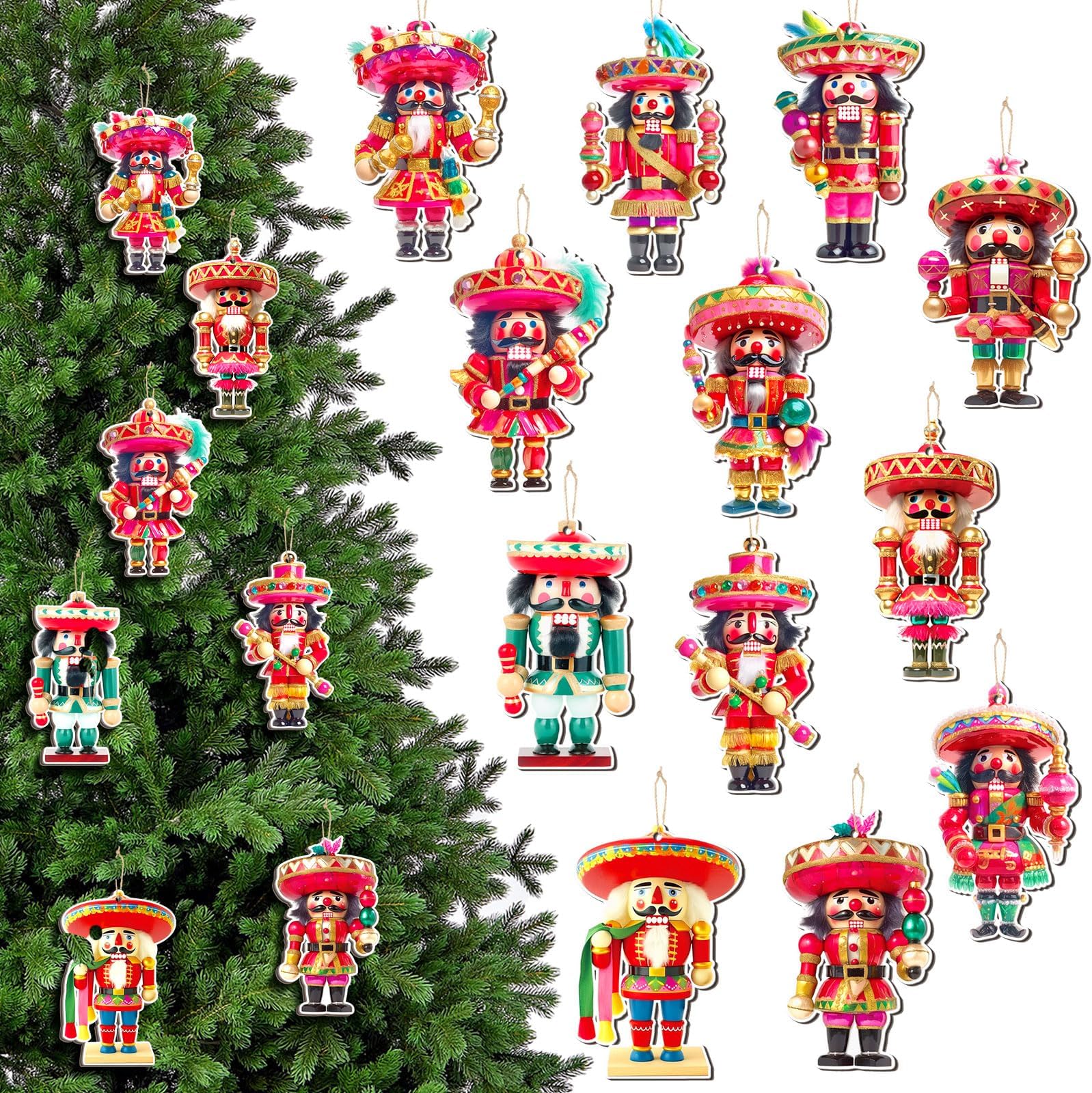 24 Pcs Mexican Nutcracker Ornaments - Bulk Christmas Decorations - Hanging Ornaments - Wooden Cinco De Mayo Fiesta Decor for Xmas Tree & Party Decorations - Indoor/Outdoor