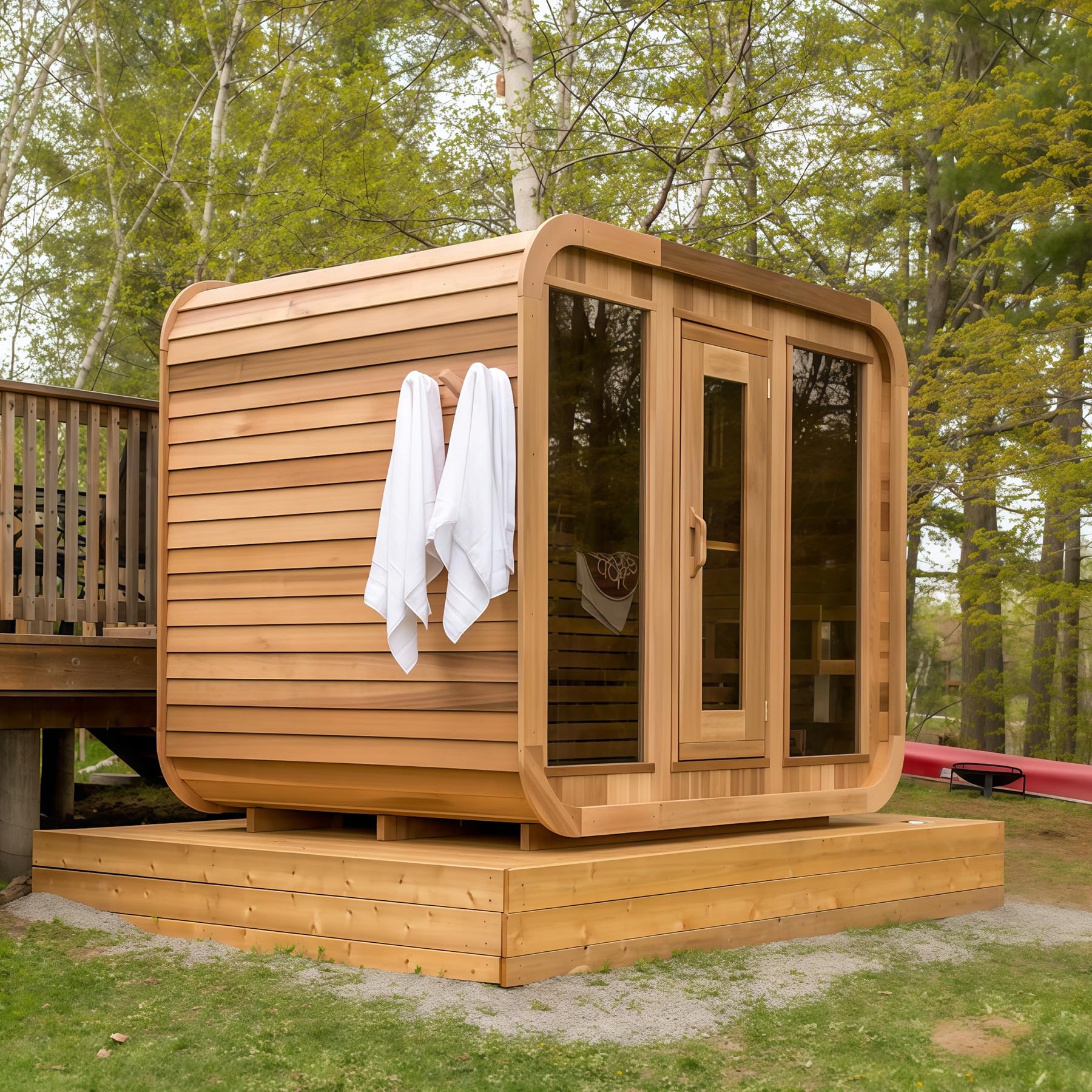 Outdoor Wood Sauna, Canadian Cedar Sauna 6 Person, 6 KW ETL Harvia Heater, with Front Large Glass Windows, Square with Wooden Bucket,Spoon(0-195 °F)