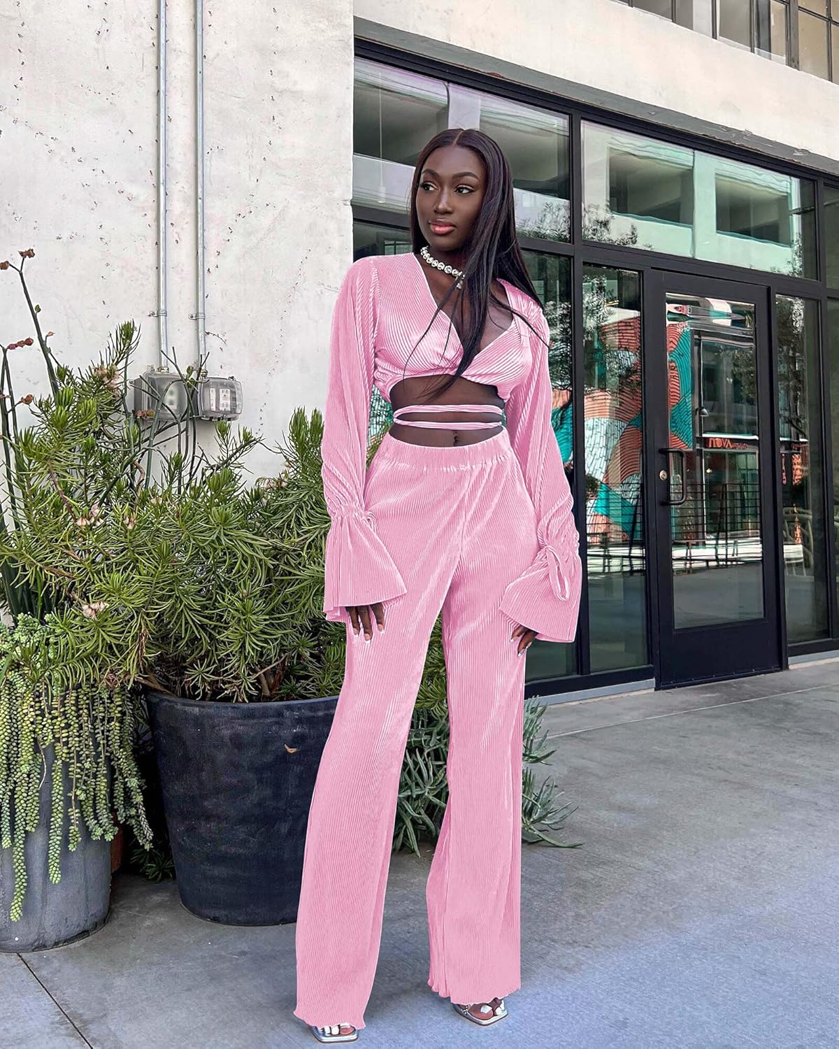 Casual Sexy 2 Piece Outfit for Women Dressy Linen Long Sleeve V Neck Top Y2K Flare Pleated Wide Leg Pants Sets Beach Vacation - Image 4