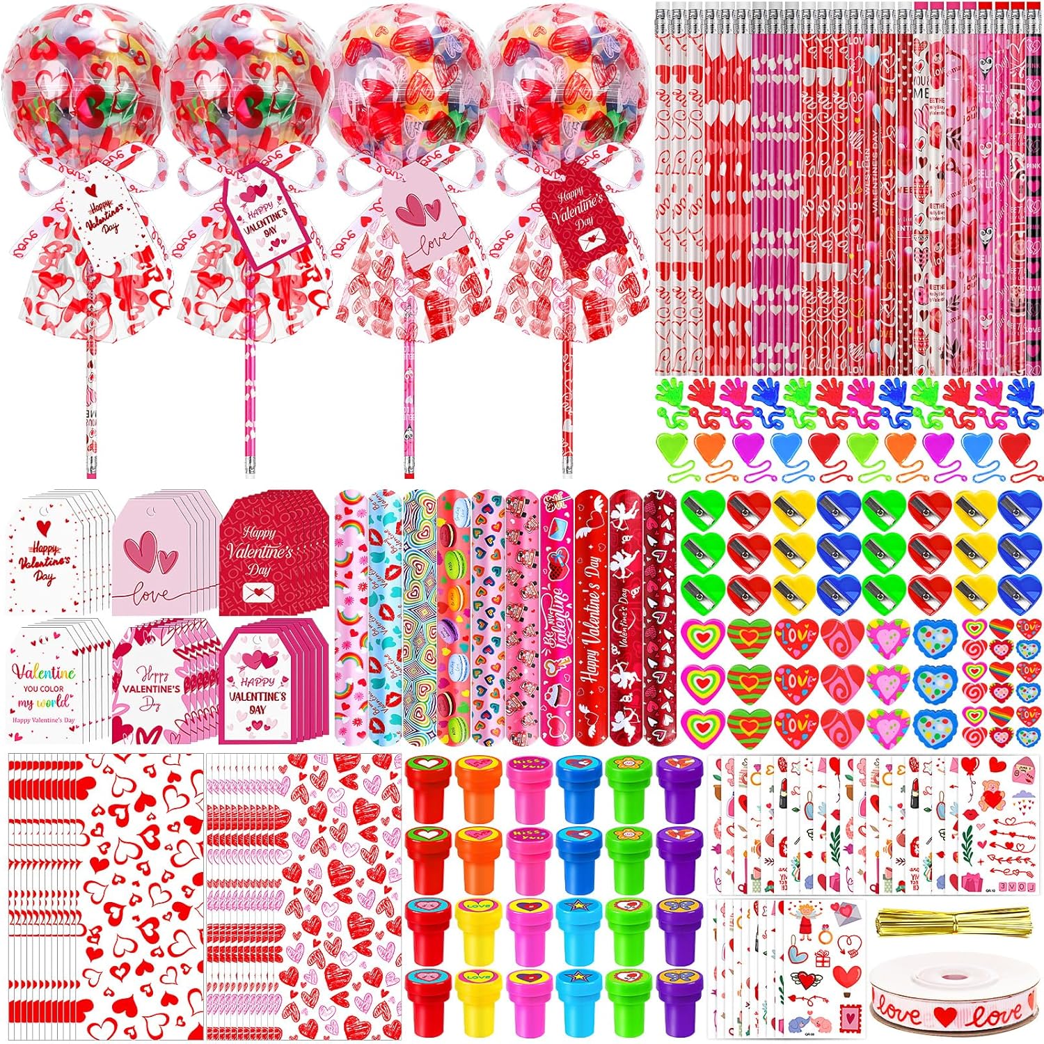 CZWZ 272Pcs Giant Lollipop Valentine Classroom Gifts, 24 Set Giant Lollipop with Pencils, Stickers, Erasers for Classroom School Exchange Valentine Party Favors Supplies