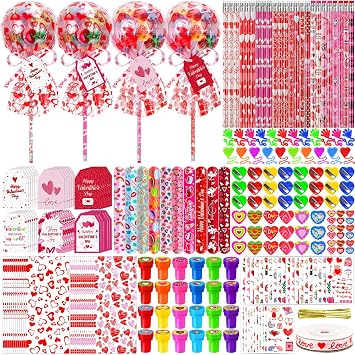 CZWZ 272Pcs Giant Lollipop Valentine Classroom Gifts, 24 Set Giant Lollipop with Pencils, Stickers, Erasers for Classroom School Exchange Valentine Party Favors Supplies