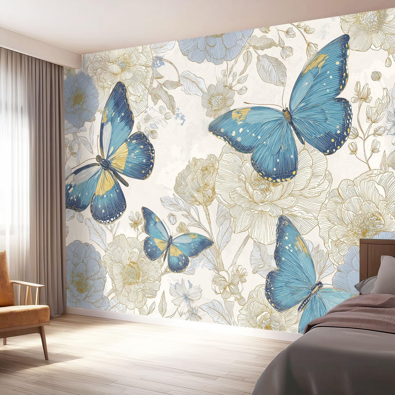Tapeta panoramiczna 400 x 280 cm, retro motyl kwiaty tapeta z motywem do zabaw i żłobka, niebieska