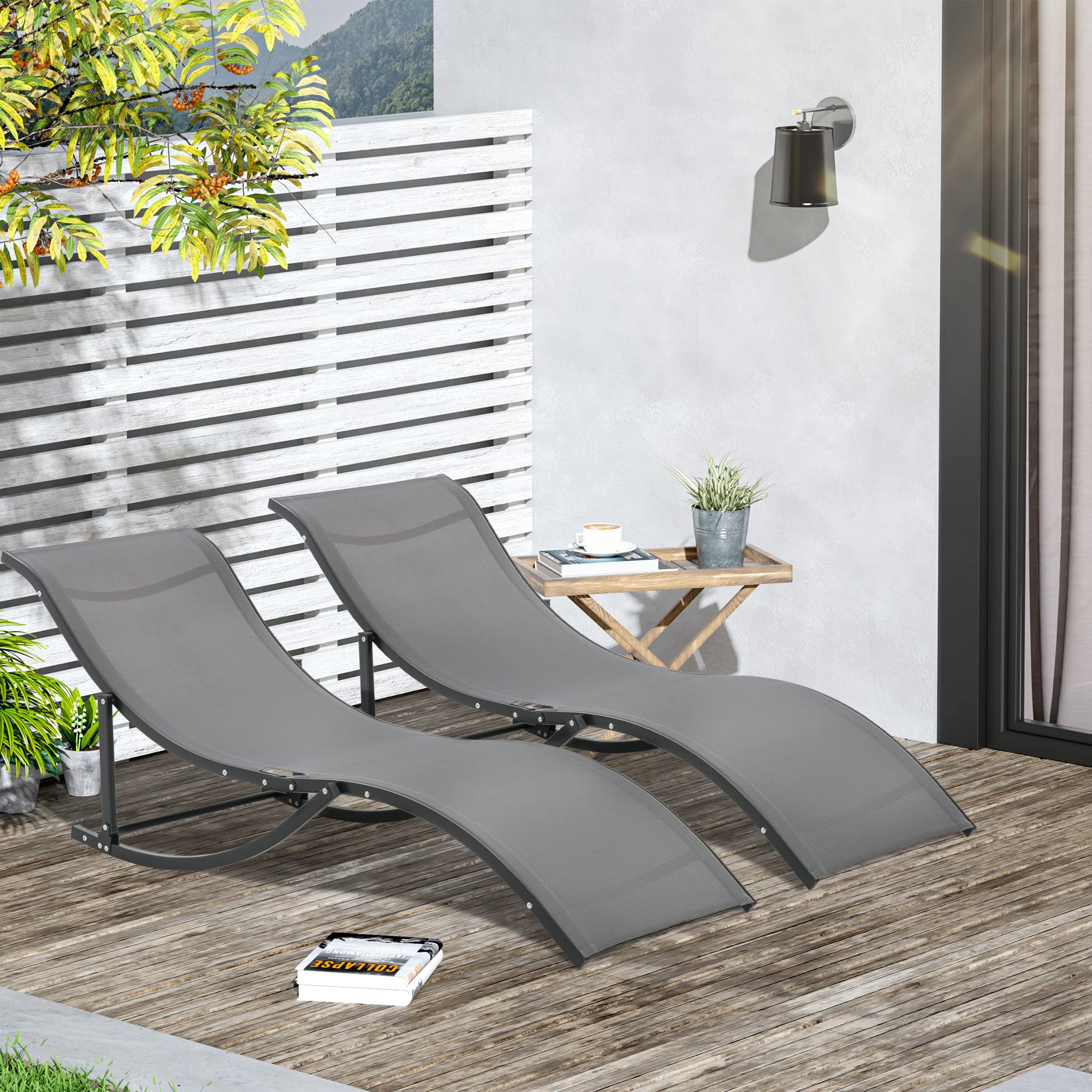 Outsunny 2 Tumbonas Plegables Tumbonas de Jardín en Forma de S con Marco de Aluminio Texteline para Piscina Patio Terraza 165x61x63 cm Gris Oscuro