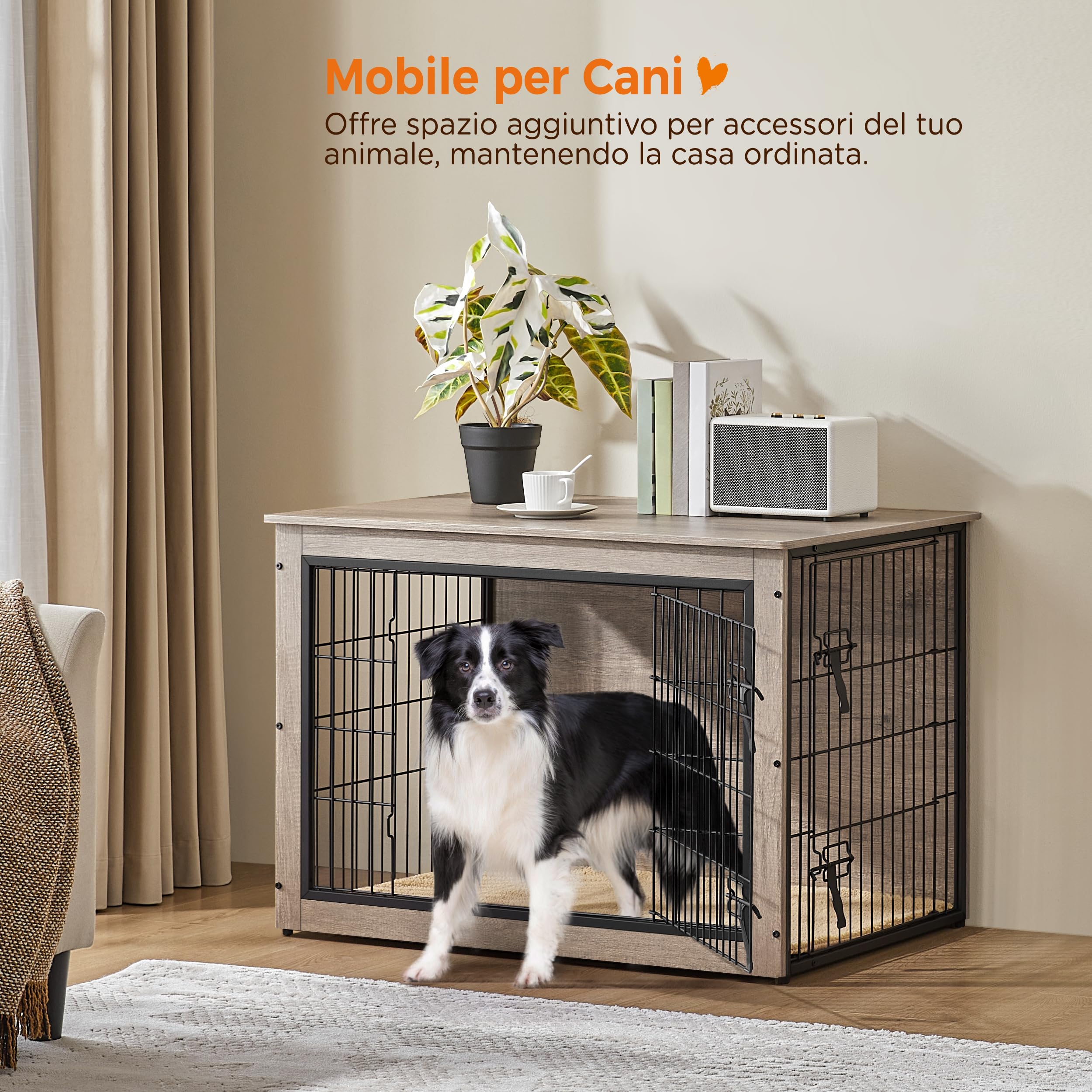 Yaheetech Gabbia per Cani Gatti, Tavolino Armadietto Box Kennel con Doppie Porte, a Rete in Legno, da Interno per Casa, 96 x 65 x 67,5 cm, Grigio