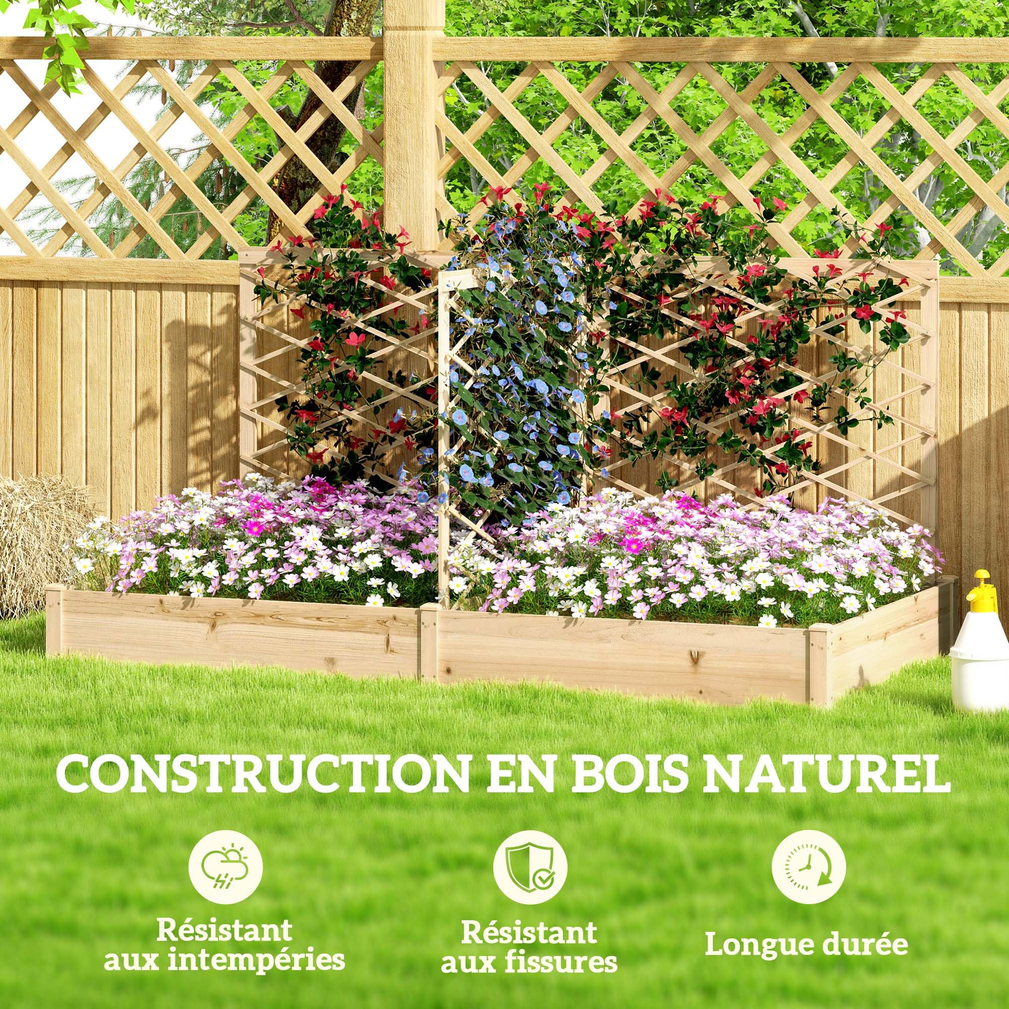 Outsunny Jardinière extérieure avec 3 Treillis modulable, lit surélevé de Jardin, bac à Fleurs en Bois pour Balcon terrasse Patio, 222 x 114 x 109 cm, Effet Bois Naturel