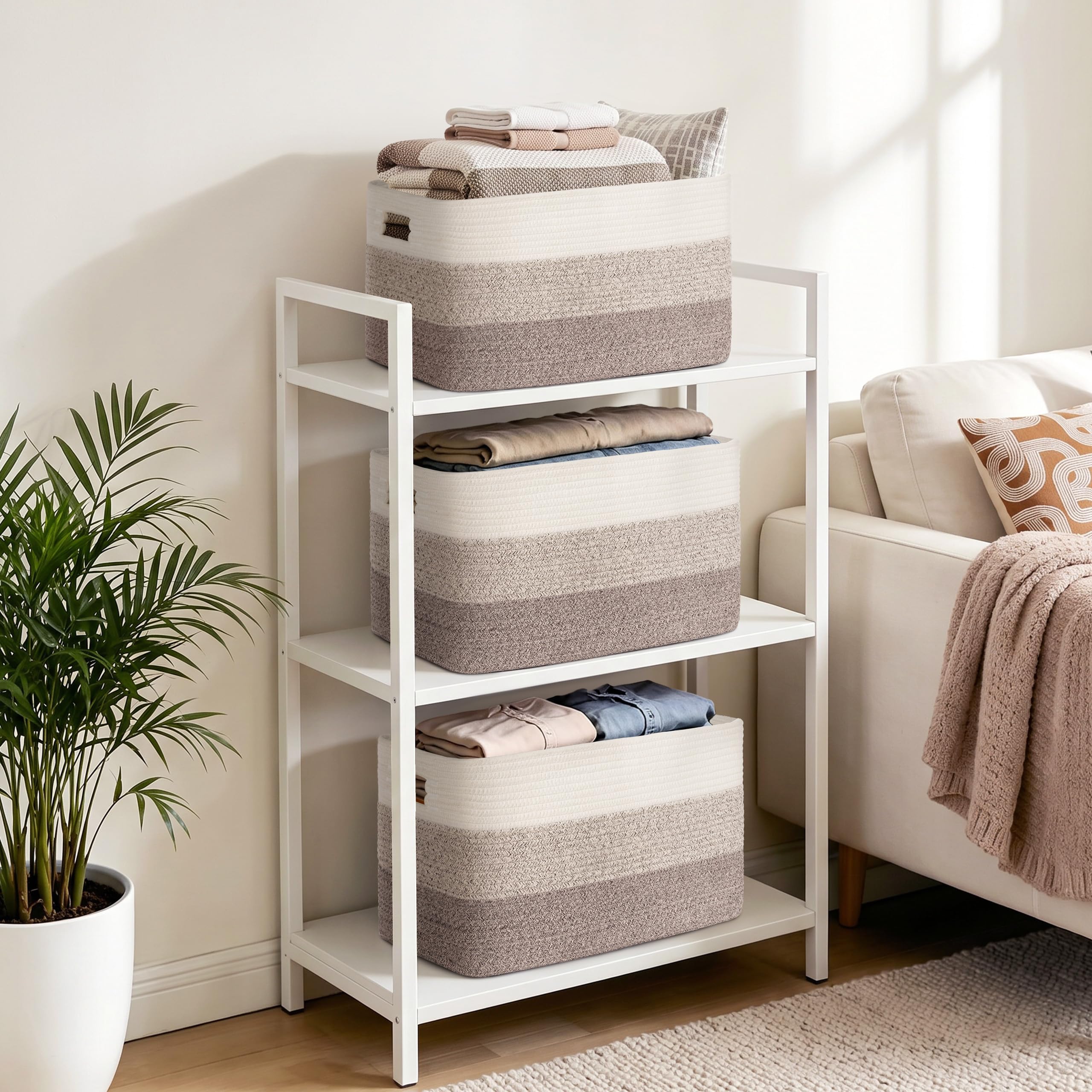 Grande Contenitore 86L in corda di cotone, cesto per giocattoli, coperte, vestiti, cesto per biancheria intrecciato con maniglie, per arredo camera bambini o soggiorno, sfumatura marrone