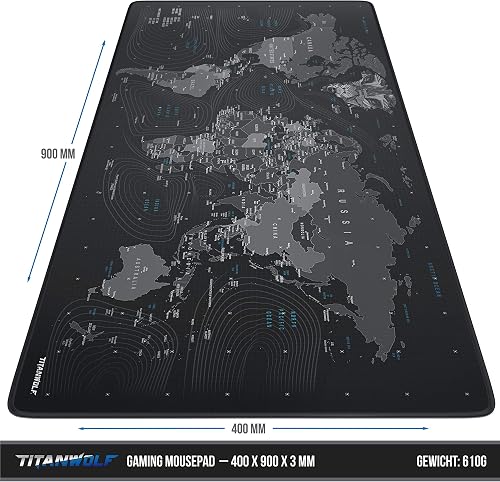 CSL-Computer Titanwolf Tapis de souris XXL Speed Gaming – 900 x 400 mm – XXL – Sous-main de table grande taille – Améliore la précision et la vitesse – Antidérapant – Carte du monde Motif tête de loup - 2