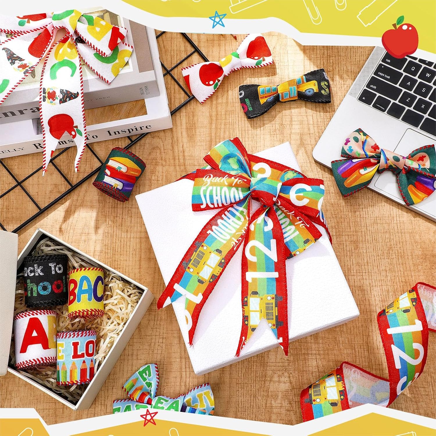 6 Rolls 30 Yards Back to School Wired Edge Ribbons Teacher Ribbons School Themed Decorative Fabric Ribbon School Supplies Pattern Wrapping Ribbon for DIY Crafts Bow Wreath Sewing Gift