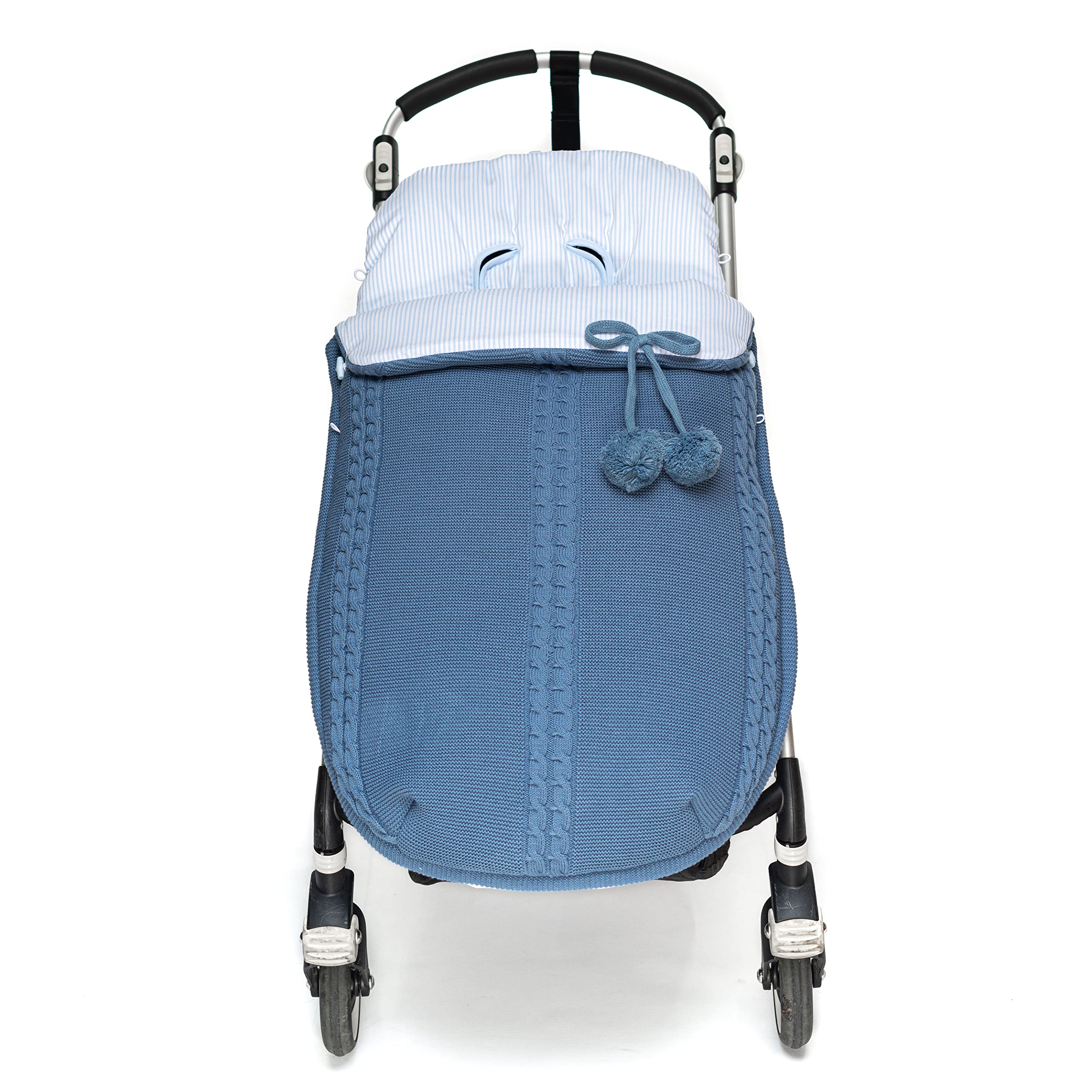 Sacco Universale per Passeggino invernale in maglia di lana e cotone a righe. Modello Sophie. Blu/Blu