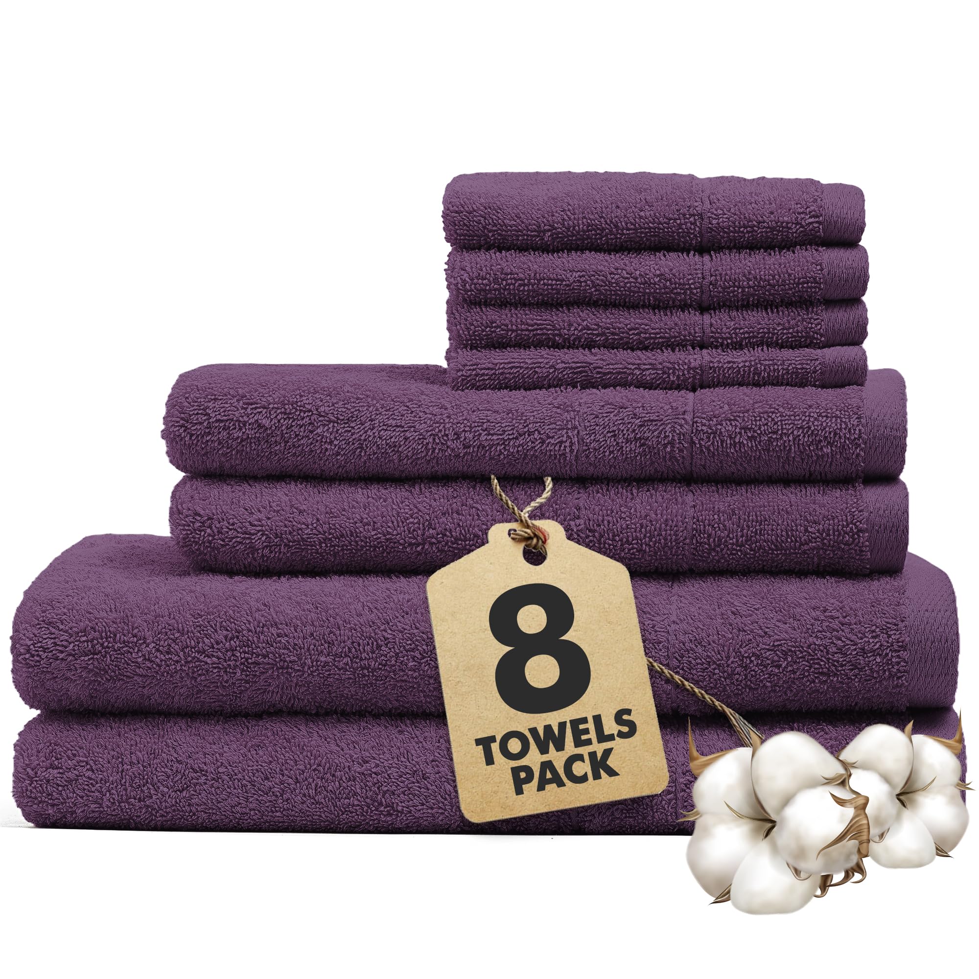 Novo Home Bath Towels Set of 8 – 550 GSM 100% Cotton Dark Purple Towel Set Bale Includes 2 Bath, 2 Hand, 4 Face Towels – Soft, Absorbent & Quick Dry Towel for Bathroom, Spa, Kitchen, Hotel Use