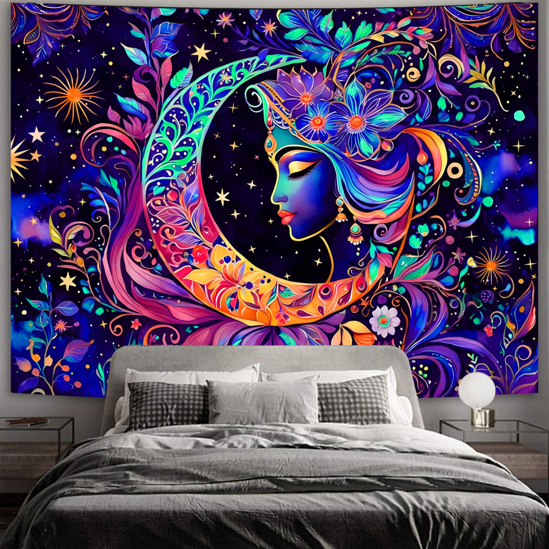 Simpkeely Tapiz de luna y estrella de luz negra, elegante diosa reactiva a los rayos UV, tapiz para colgar en la pared, tapiz estético bohemio colorido para dormitorio, sala de estar, 51.2 x 59.1