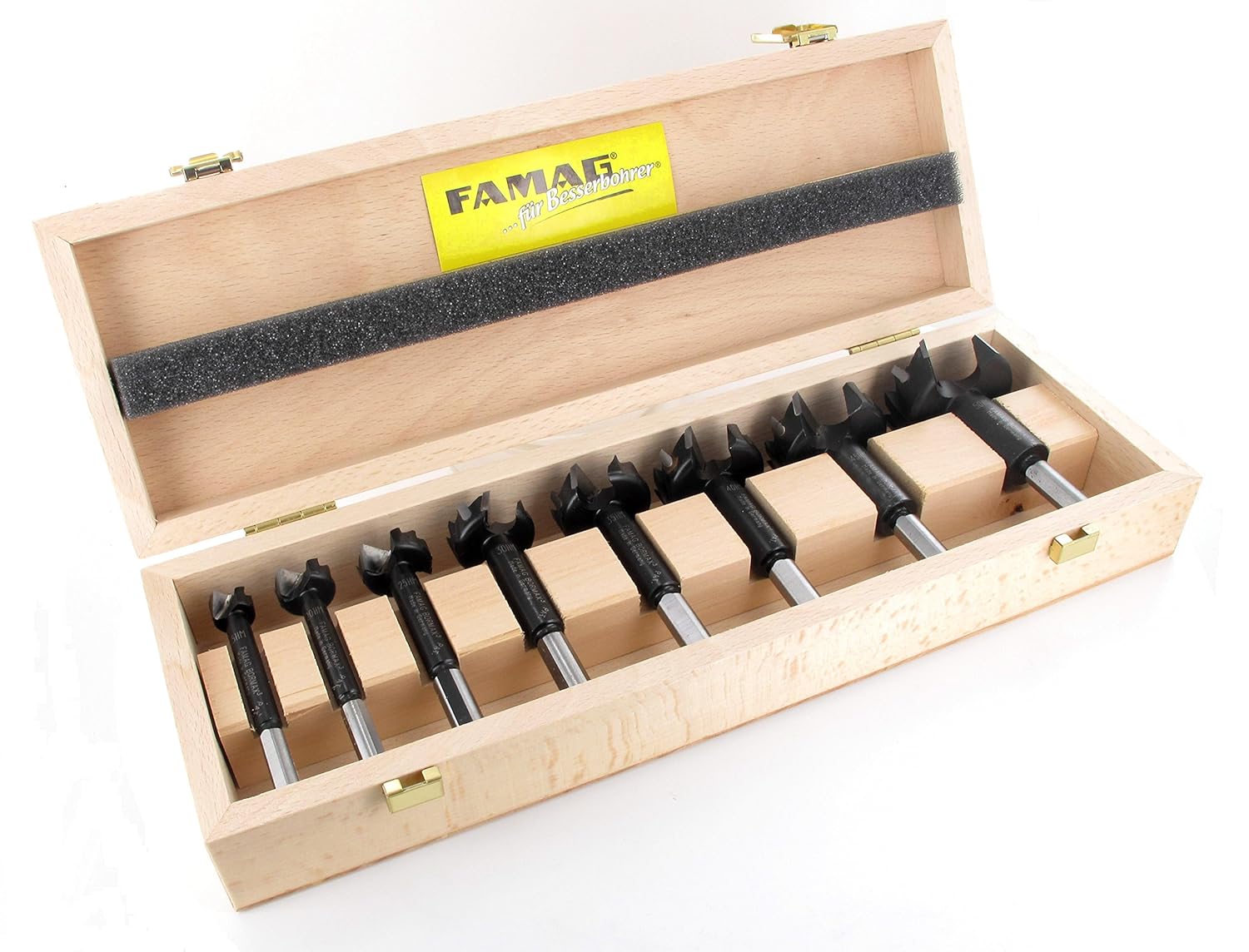 FAMAG Bormax 8-Piece Carbide Forstner Drill Bit Set Diameter 15, 20, 25, 30, 35, 40, 45, 50 mm in Wooden Box