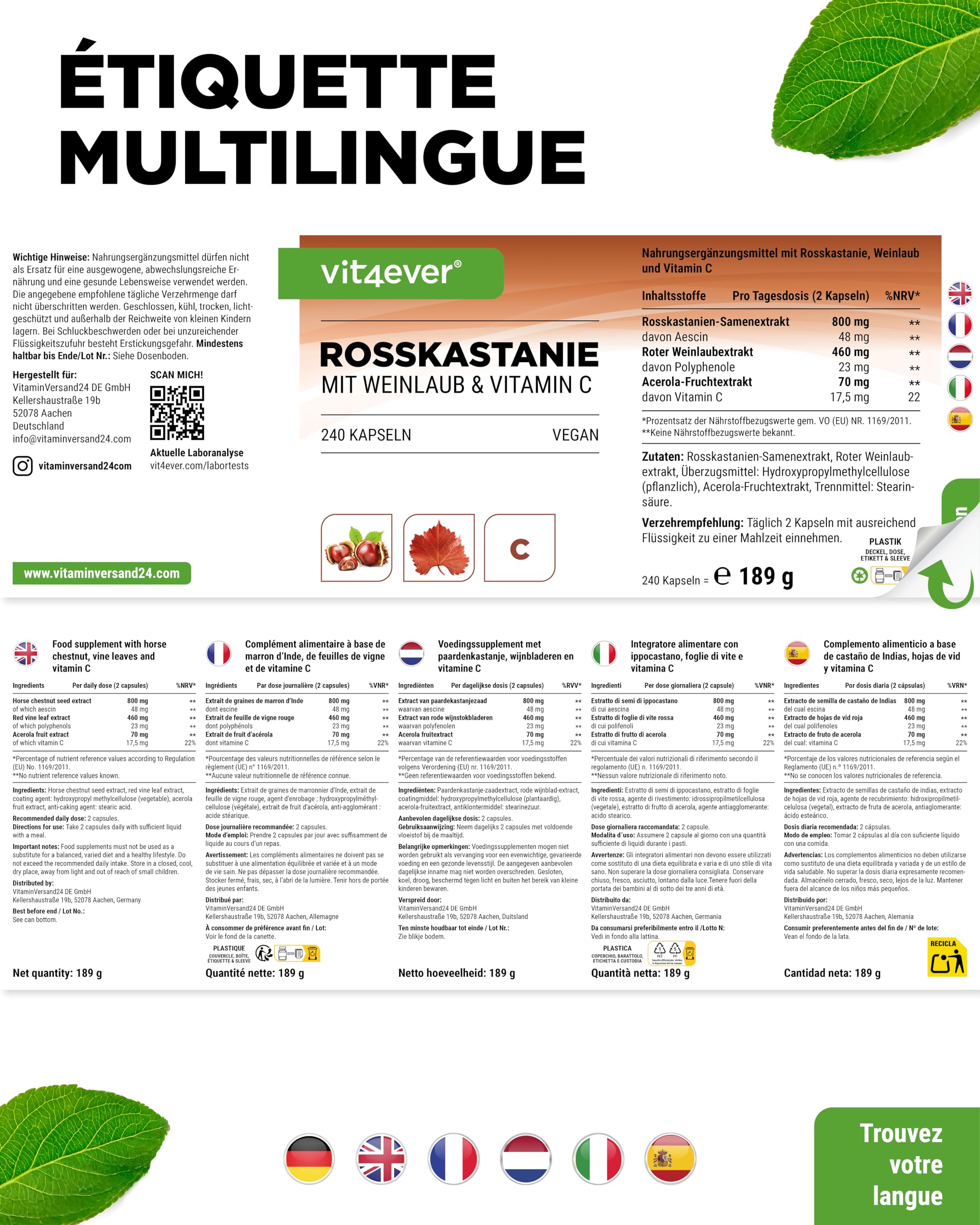 Extrait de marron d'Inde - 240 gélules - Hautement dosé avec 1330 mg d'extrait par portion journalière - Marron d'Inde avec feuilles de vigne & vitamine C d'acérola - Sans additif indésirable, végétal
