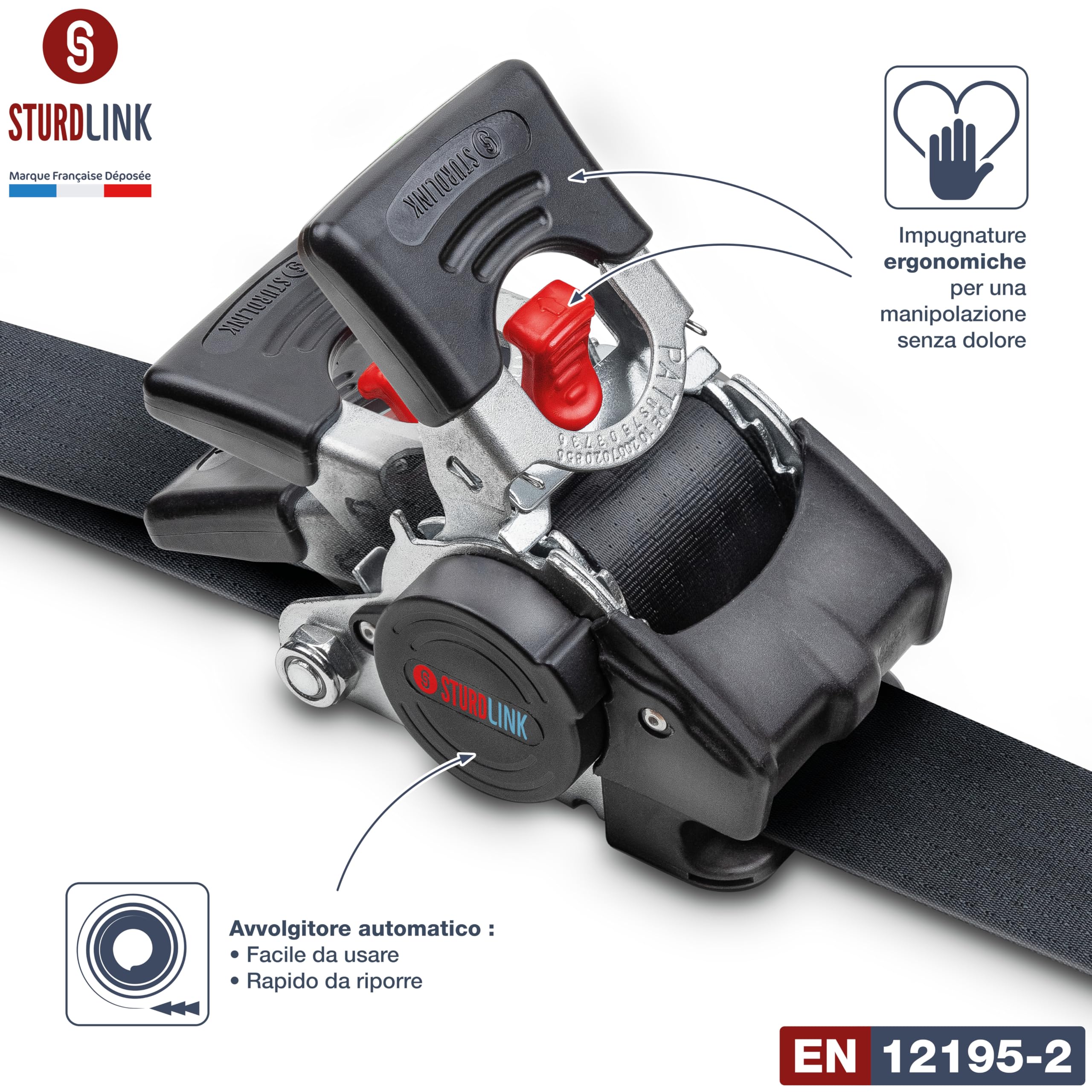 Cinghie a cricchetto automatiche 3 m 50 mm per binario di ancoraggio universale LC 750daN, 1500daN a U | Ancoraggio ad avvolgimento automatico di cinghia | per furgone camion rimorchio con binari |