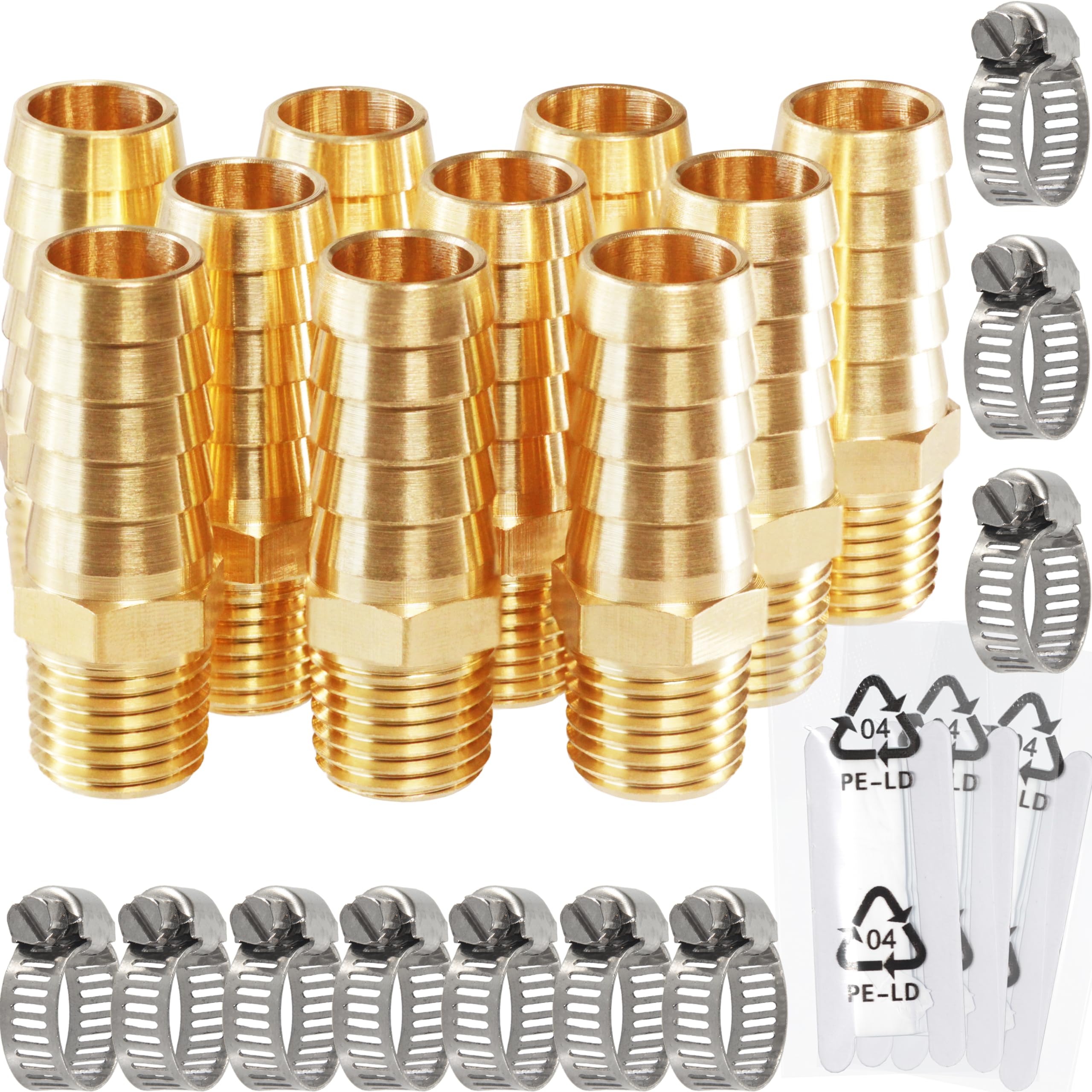 MSAEIQUN Brass Hose Barb Fittings，1/4 NPT to 1/2 inch Barb Fitting, Brass Metals Adapter Connector with Stainless Steel Hose Clamp 10 PCS ，Ideal for