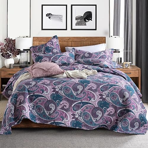 ABREEZE 100% Cotton Paisley Quilt Set King Size 3 Piece Set – Lightweight Bedspread with 2 Shams, Soft & Breathable Floral Coverlet for All-Season Comfort,Purple