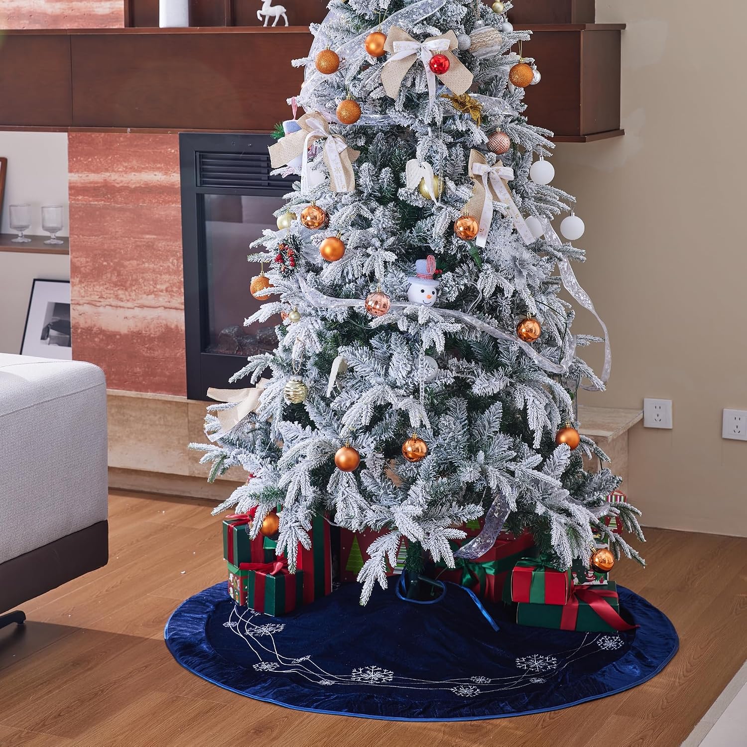 X.Sem Snowflakes Embroidered Velvet Christmas Tree Skirt with Pleat Velvet Border 50'' (Navy, 50 inch)