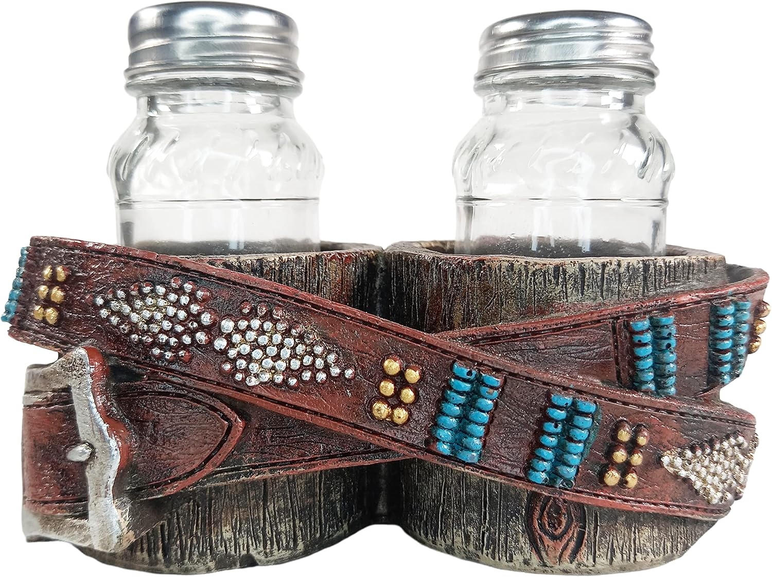Urbalabs Western Cowboy Teal Cross, Horse Saddle, Belt Buckle Cowgirl Salt and Pepper Shaker Caddy Farmhouse Dinner Table Kitchen Ranch Decorations Rustic Cowboy Decor Hand Painted (Spur)