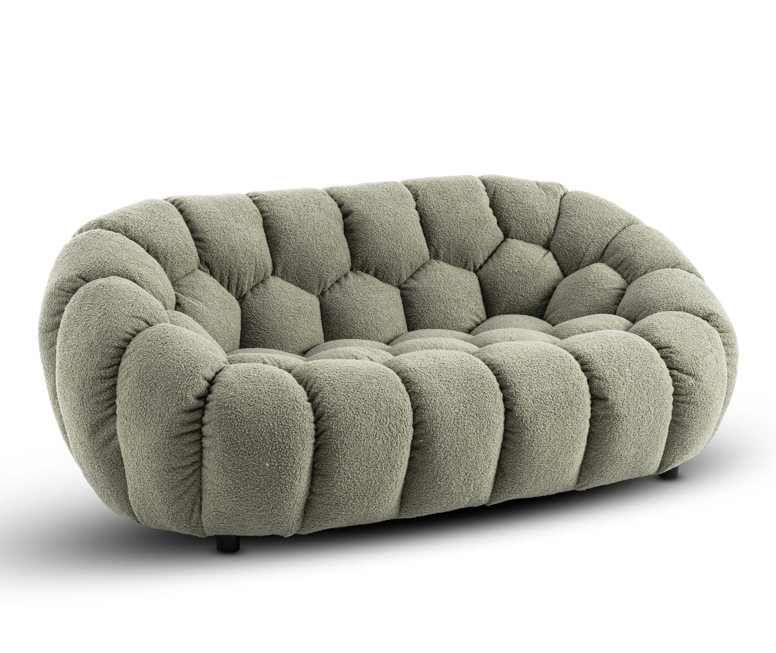 2 Seater Sage Green Boucle Sofa – Modern Round Green Bubble Sofa for Living Room, Loveseat in Fluffy Sherpa/Teddy Fabric with Geometric Tufting