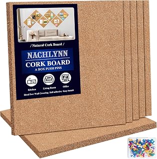 NACHLYNN 6-Pack 12x12 Self-Adhesive Cork Boards for Wall - Frameless Bulletin Tiles with 100 Push Pins Home Office