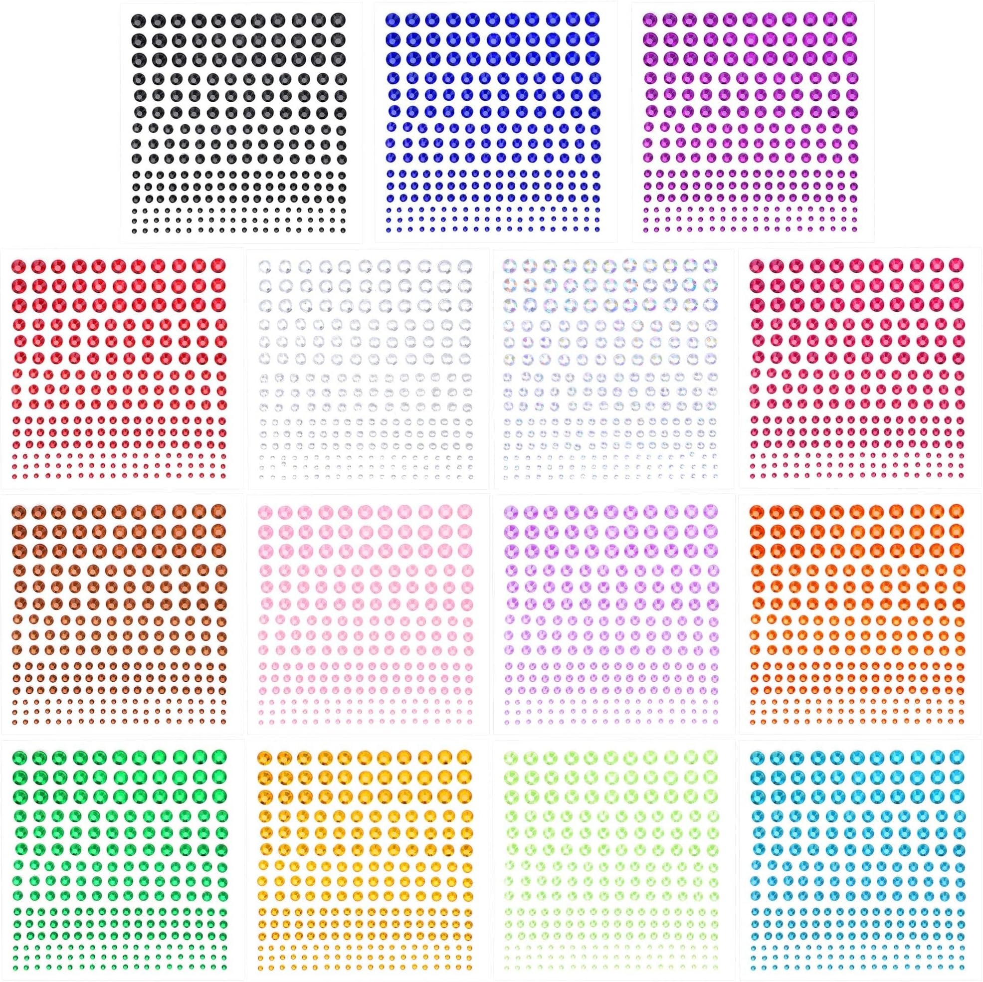 PHOGARY Self-Adhesive Rhinestone Sticker 3375 Pieces Crystal in 5 Size 15 Colors Bling Craft Jewels Gem Stickers for Crafts, Body, DIY Nails, Festival, Carnival, Makeup, Hair
