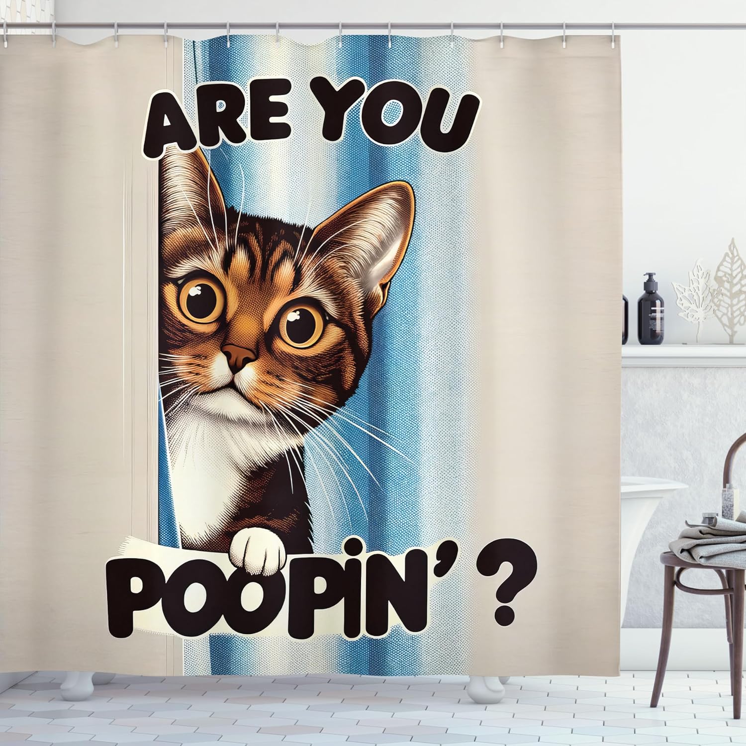 Ambesonne Cat Shower Curtain, Vintage Curious Brown Kitten with are You Poopin' Writing Joke Humor Themed, Cloth Fabric Bathroom Decor Set with Hooks, 69" W x 70" L, Blue Coconut Chocolate