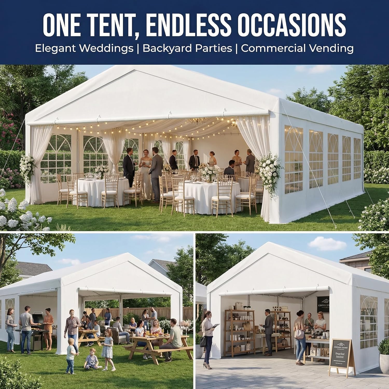 Heavy Duty Party Tent, Commercial Outdoor Canopy with Steel Frame, Wind & Water Resistant for Wedding, Backyard, BBQ, Carport, Multiple Sizes with Storage Bags (20 x 40 ft)