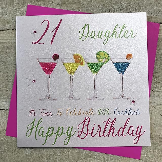 WHITE COTTON CARDS Neon 21 Daughter It's Time to Celebrate with Cocktails Happy Handmade 21st Birthday Card, NCA21-D