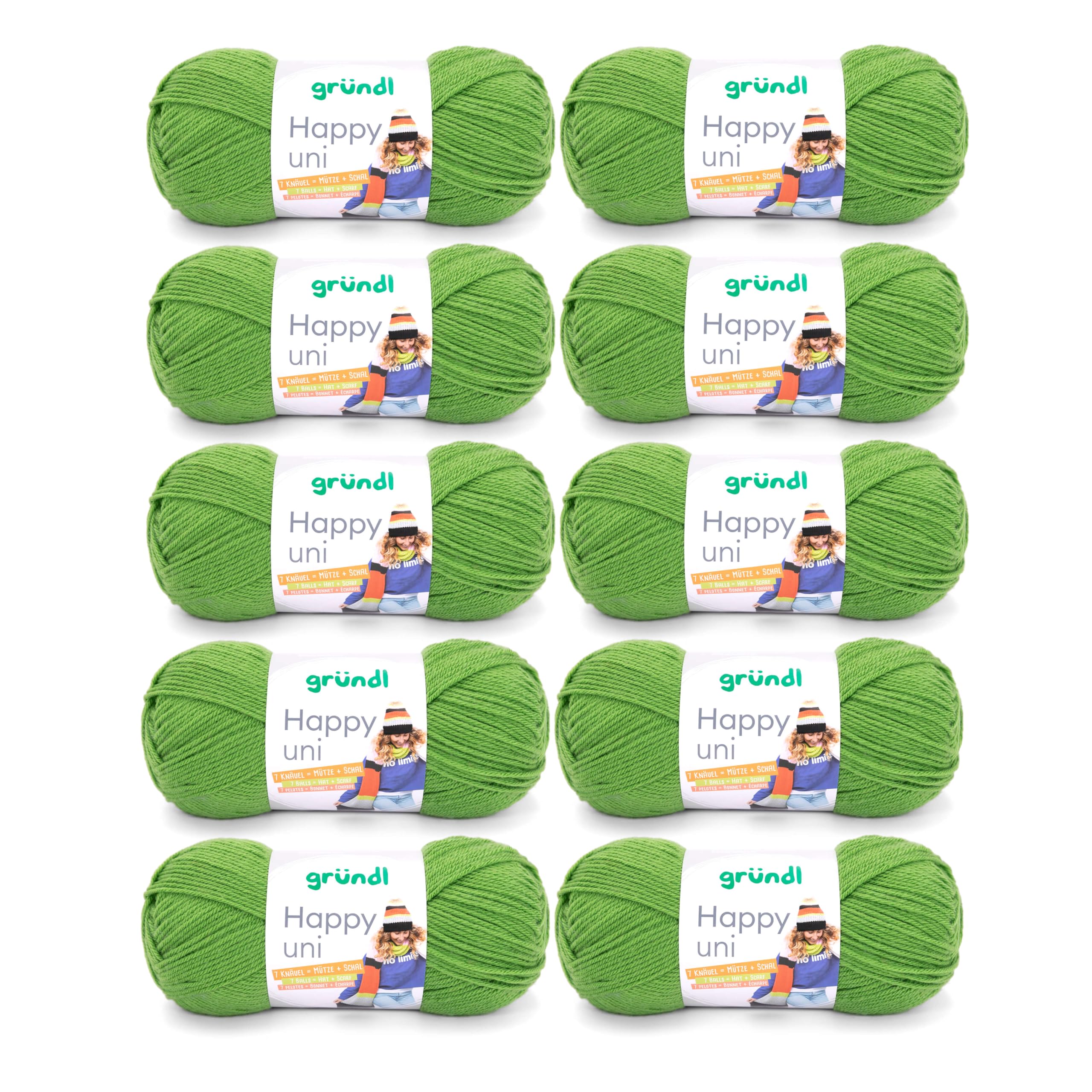 Gründl Happy uni (knitting and crochet yarn with wool-like character made of 100% polyacrylic, anti-pilling, 100 g / 250 m, needle size: 4-5, 10 x 100 g), May green