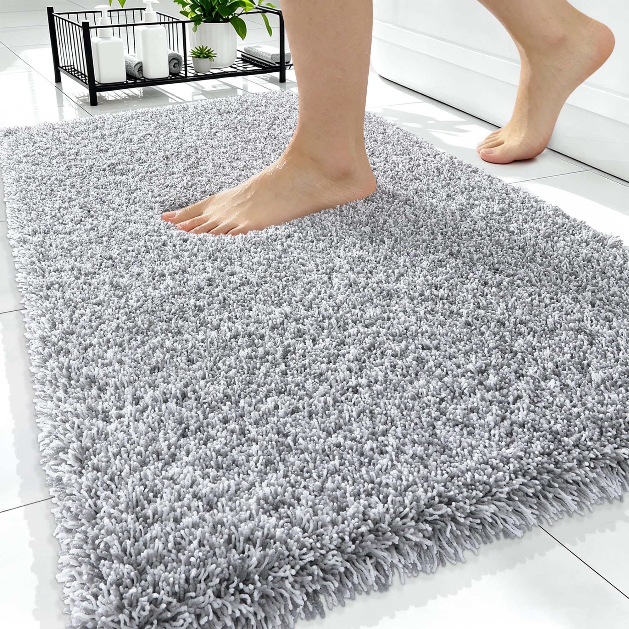 OLANLY Microfiber Bathroom Rugs 34x21, Quick Dry Bath Mat, Grey and White