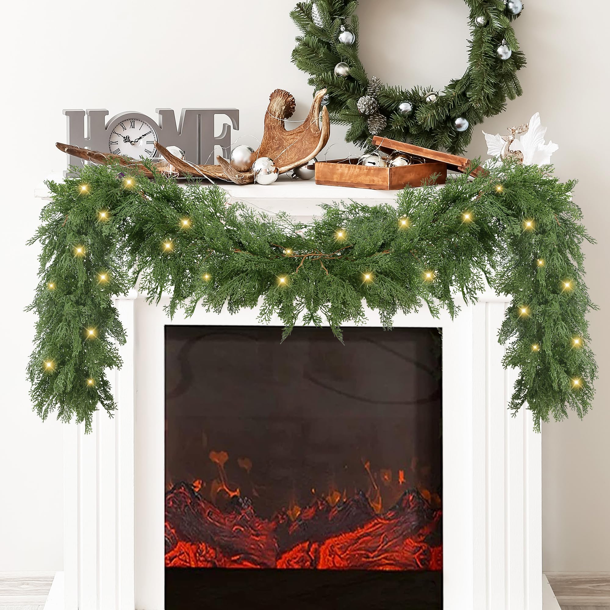 Sggvecsy Weihnachtsgirlande aus Zedernholz, künstliche Tannenzypresse, realistische Grüngirlande für Tisch, Wand, Kaminsims, Innenkamin, Zuhause, Urlaub, Winter, Weihnachtsdekoration (2 Stück)