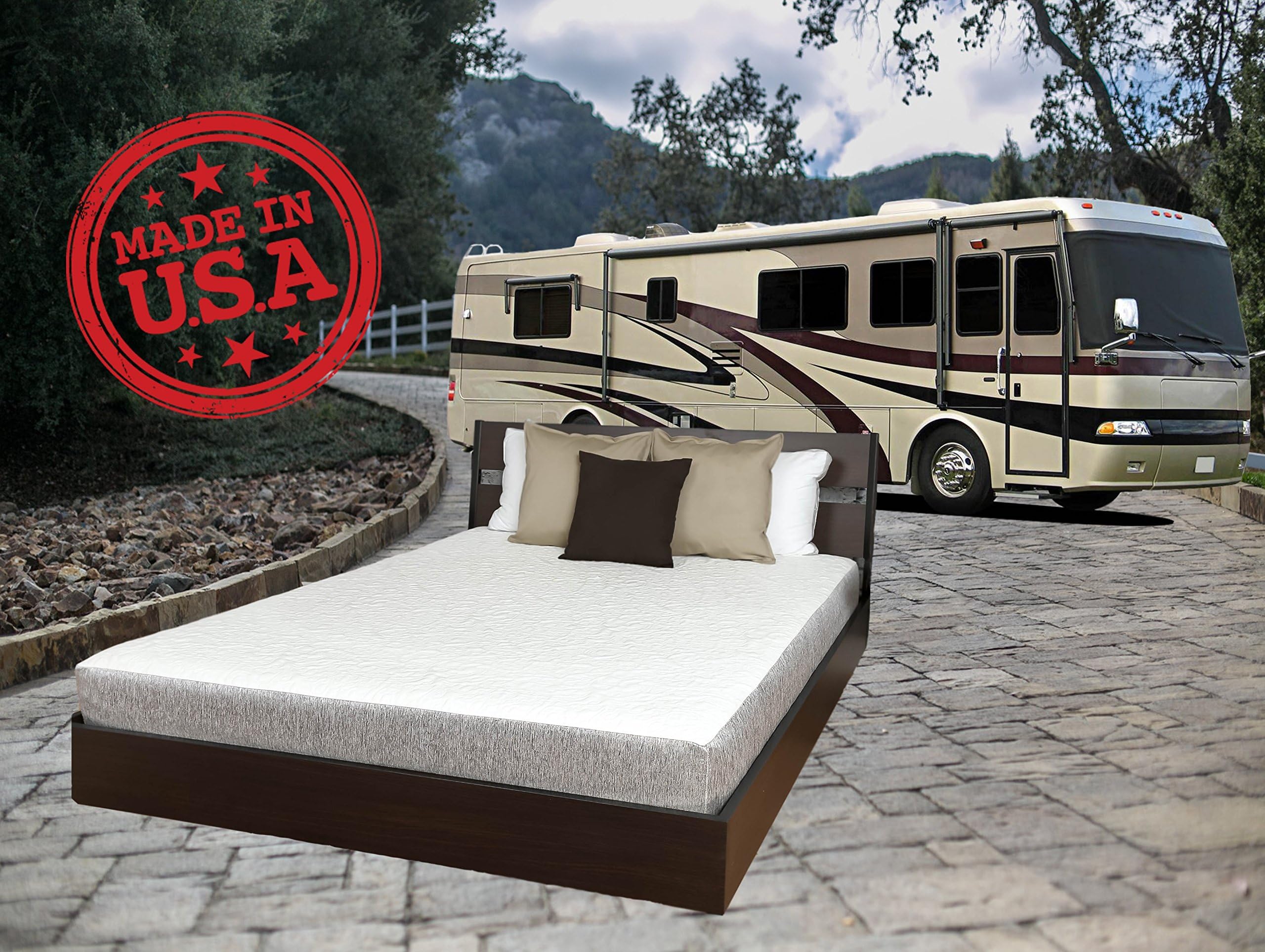 with A 8 INCH Short Queen (60" x 75") New Cooler Sleep Graphite Gel Memory Foam Mattress with Premium Textured 8-Way Stretch Cover for Campers, RV's and Trailers Made in The USA