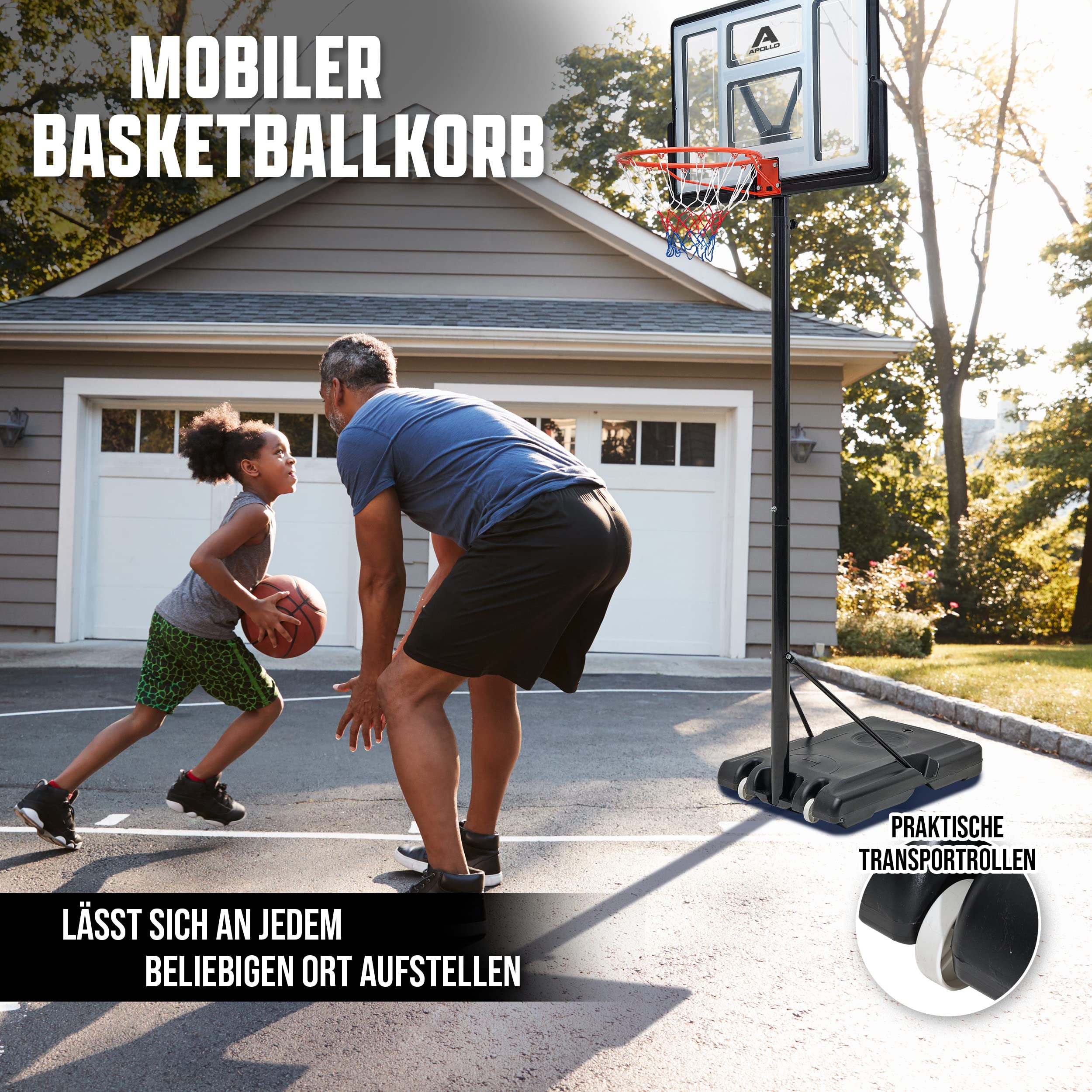 Apollo Basketballständer - höhenverstellbarer Korb - 155 bis 210 & 210 bis 305 cm - Basketballkorb Set Outdoor komplett - Basketballkorb Kinder - Basketball Korb für Erwachsene