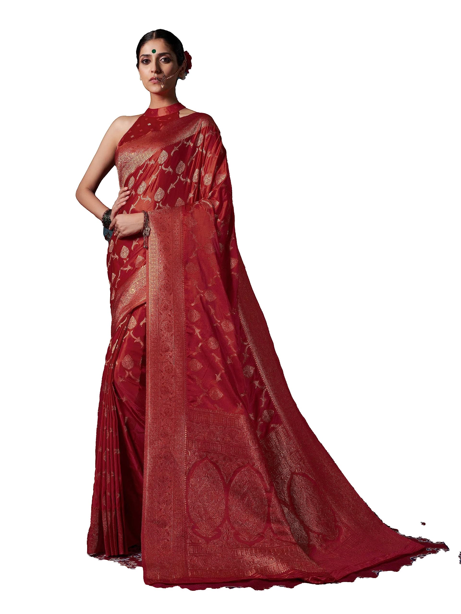 Womens Banarasi Satin Silk Saree with Blouse Piece | Zari Woven Design | Elegant Traditional Ethnic Saree for Wedding Party Festival Reception & Special Occasions | Somya Collection-image-18