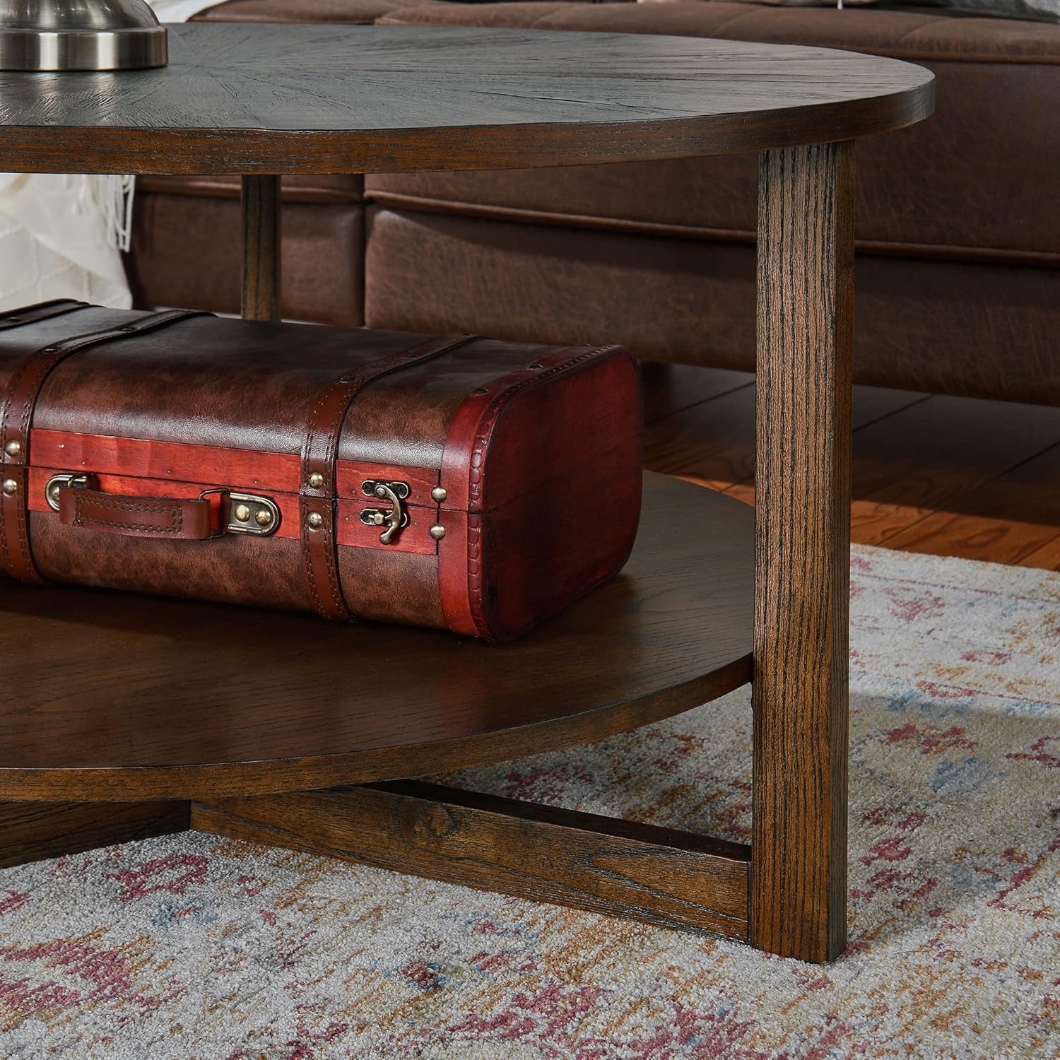 33.5” Round Coffee Table with Storage Shelf, Solid Wood Living Room Table with Umbrella Shaped Top, Farmhouse Center Cocktail Table for Office, Easy Assembly, Vintage Brown KFZ3338NC