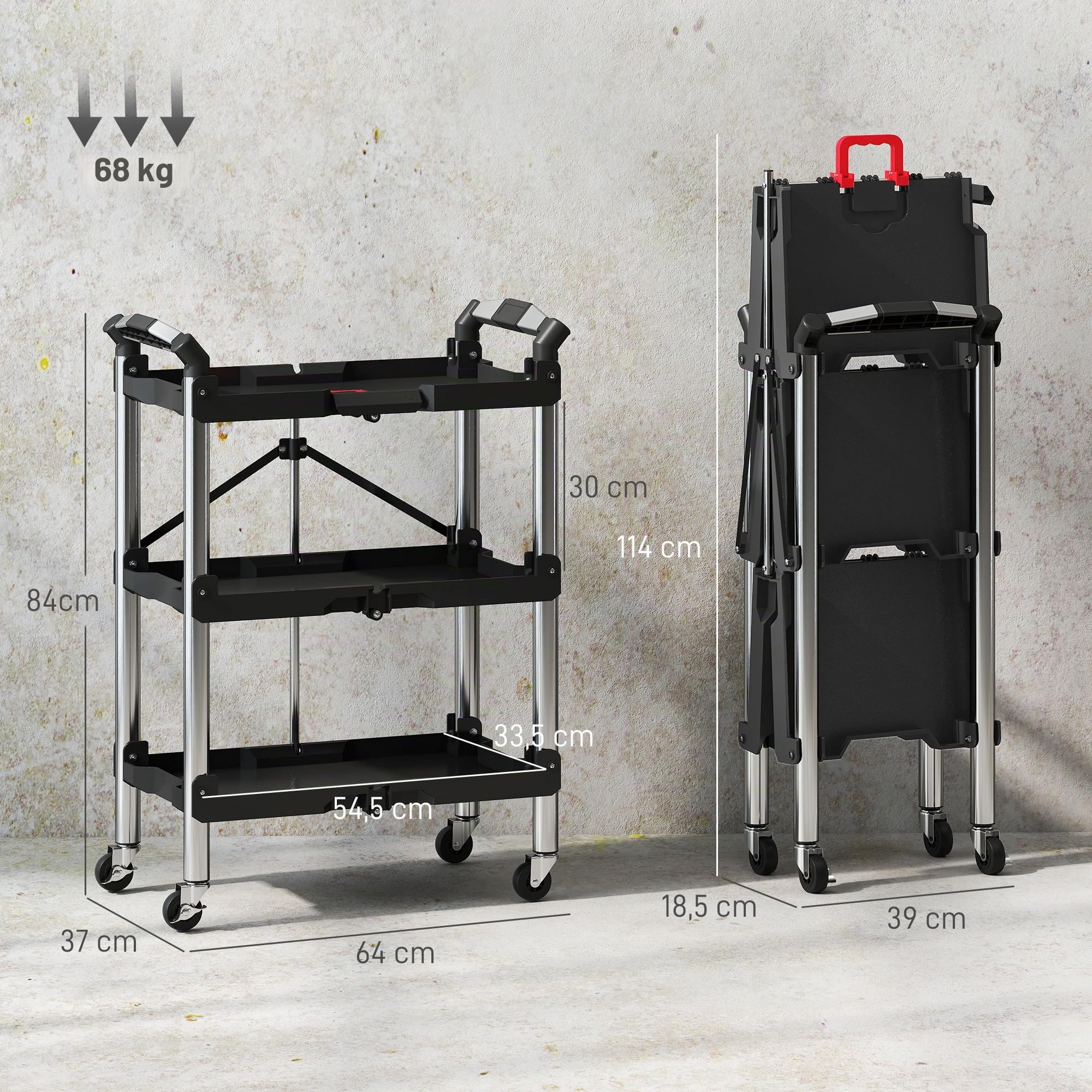 HOMCOM Carrello attrezzi pieghevole 3 livelli, ruote, 150 LBS, nero | Carrello utility pieghevole con maniglie, organizer servizio mobile, per garage magazzino officina.