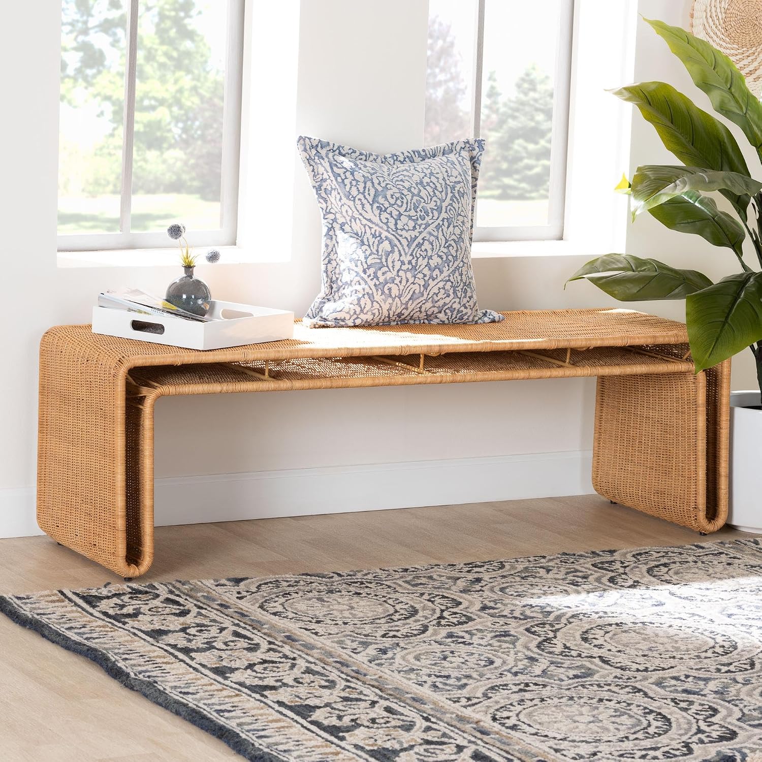 bali & pari Nevada Metal-Framed Natural Rattan Accent Bench, Light Honey