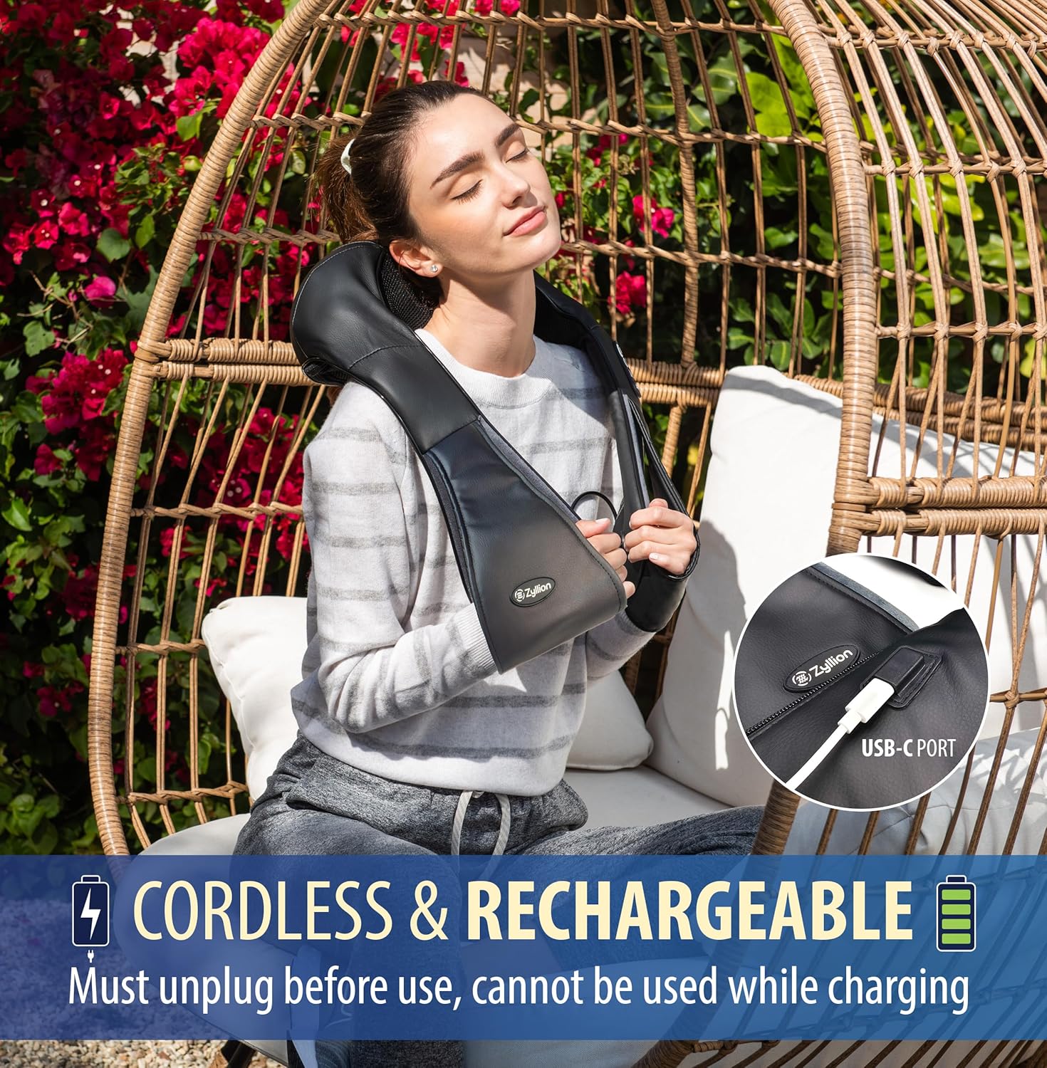 Zyllion Shiatsu Neck and Back Massager with Heat - Cordless Rechargeable 3D Electric Kneading Deep Tissue Massage for Muscle Pain Relief, Black, ZMA-28RB