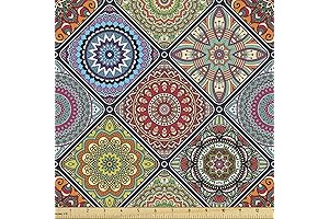 Ambesonne Mandala Fabric, Checkered Rectangles Mandala Decor For Tapestry, 1 Yard