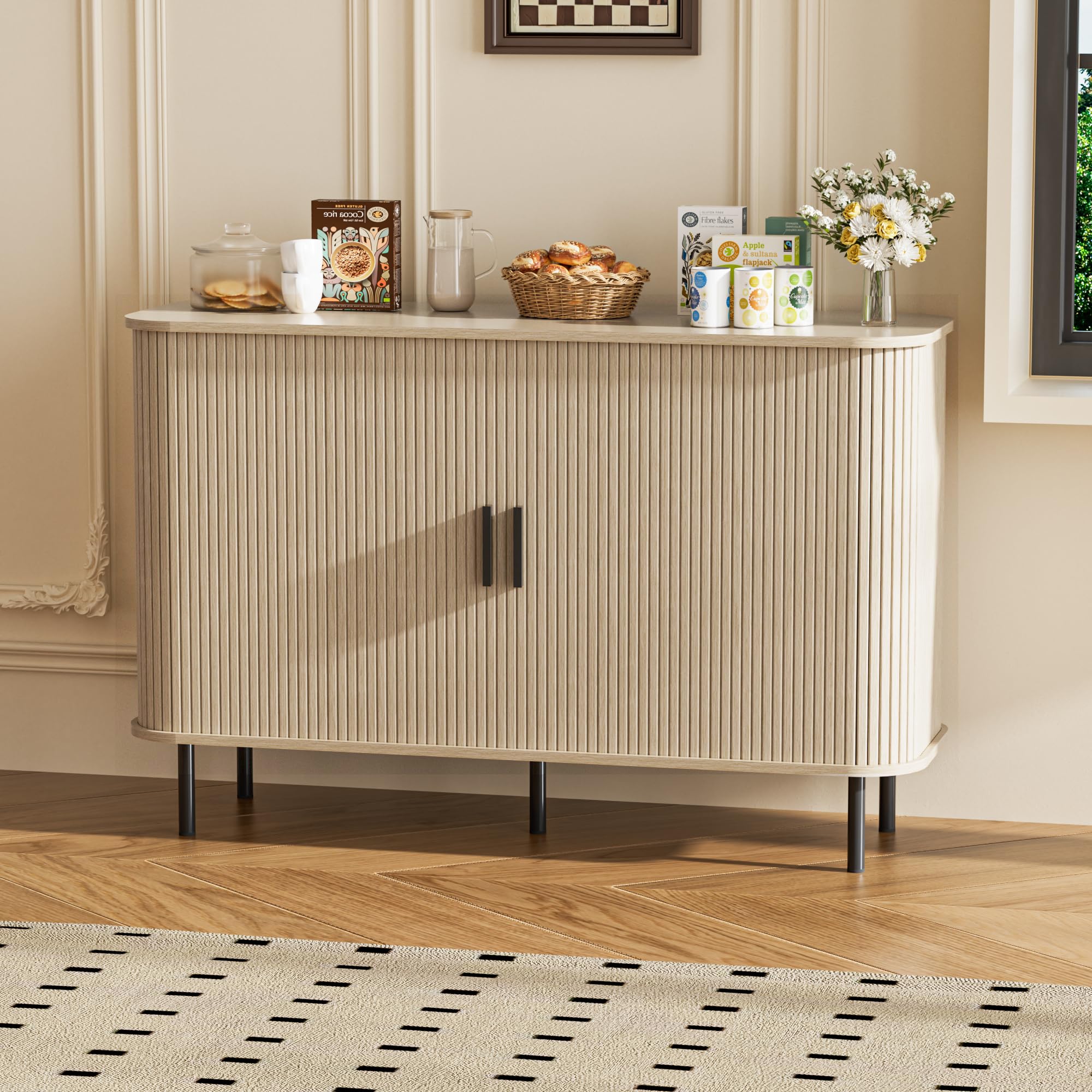 BonVache Gehäuseschrank, Aufbewahrungsschrank Buffet, Küchenschrank mit Schiebetür Trommel, Aufbewahrungseinheit für Salon Maison Esszimmer Moderne, Beige