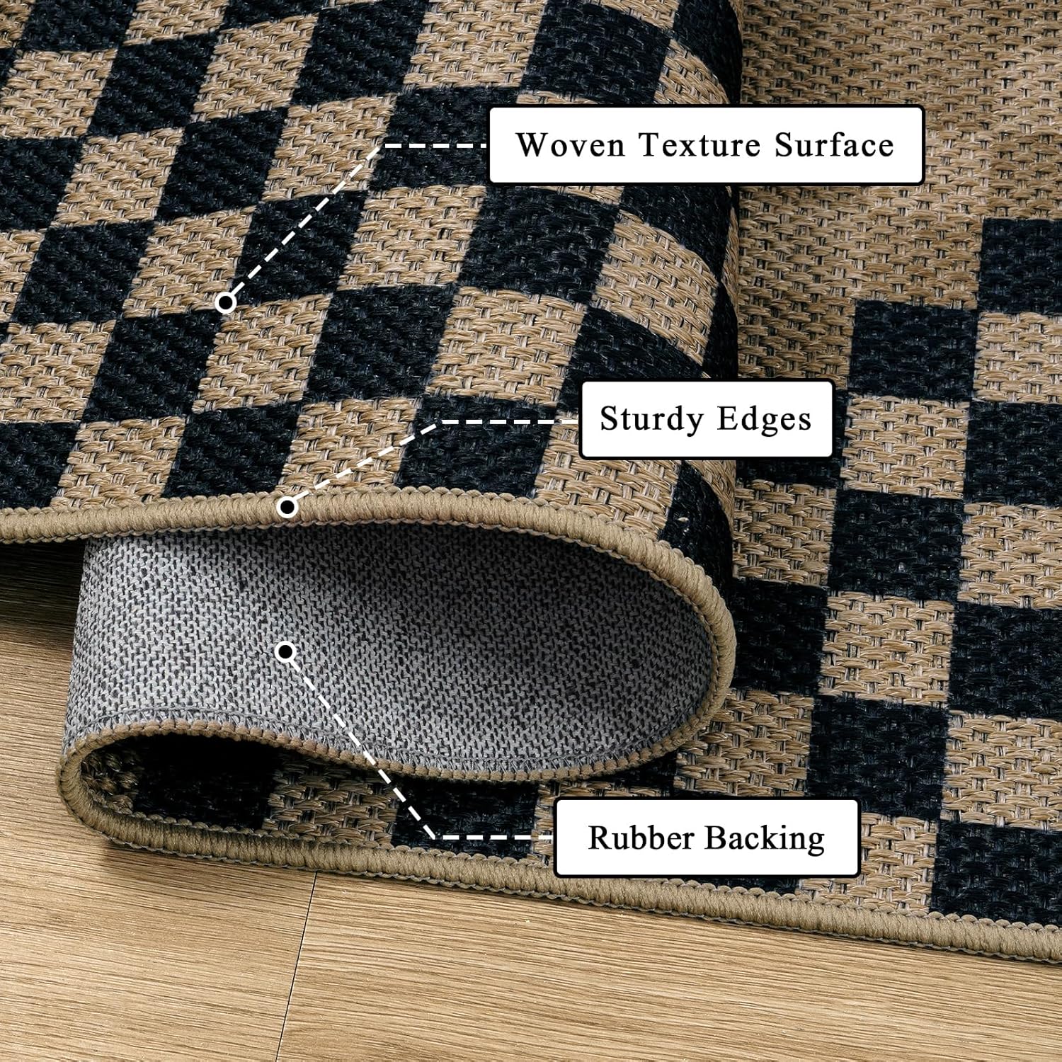 LIVEBOX No Shed Jute Checkered Runners Rug for Hallways Non Slip 2.5x12, Ultra Thin Washable Runner Rug Farmhouse Long Rugs for Kitchen, Black and Beige Floor Carpet for Entryway Laundry Room