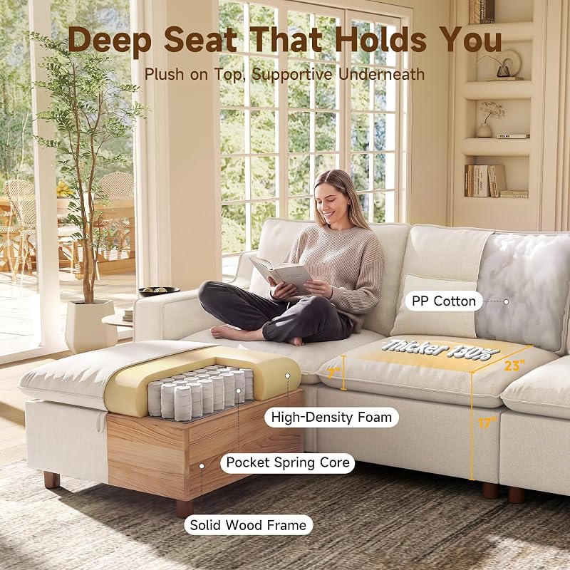 Ihanherry 134" Modular Sectional Sofa, V Shaped 5 Seater Chenille Cloud Couch with Deep Seat and Seamless Backrest, Couches for Living Room, White image 3