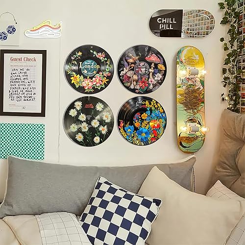 Miniatura 6 de HK Studio Decoración hippie, carteles para estética de habitación, arte botánico de pared, decoración de discos, 4 piezas de 12 pulgadas