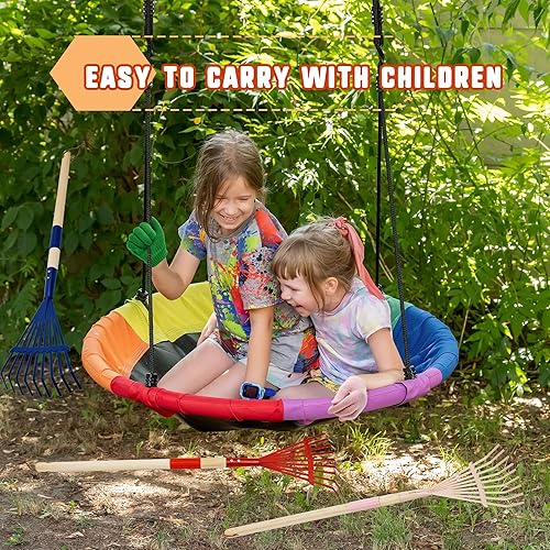 Miniatura 4 de Juego de 4 rastrillos para niños con mango de madera dura, rastrillo de metal para jardín con 4 pares de guantes para herramientas de hojas de jardín