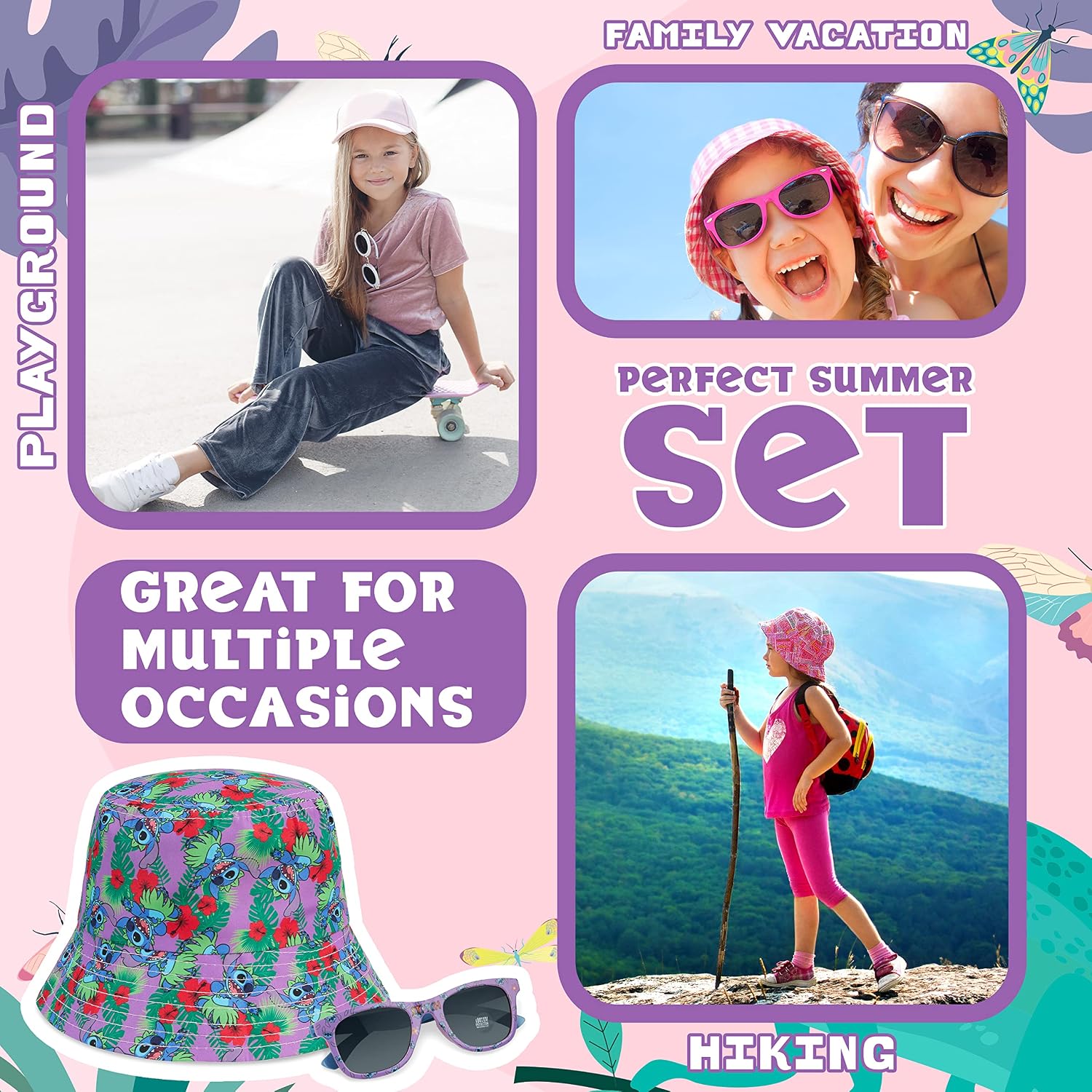 Disney Stitch Sunglasses and Bucket Hat Summer Sun Hat 100% UV Protection Kids Sunglasses Gifts for Girls