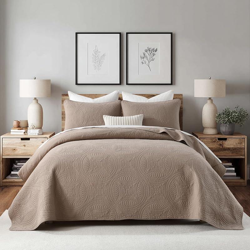 Homzard Quilt King Size Bedding Set, 100% Cotton Mocha Brown King Size Comforter Set,Coin Pattern Bedspread Set,Solid Modern Bedding Coverlet 3 Piece Bed Set, All Season