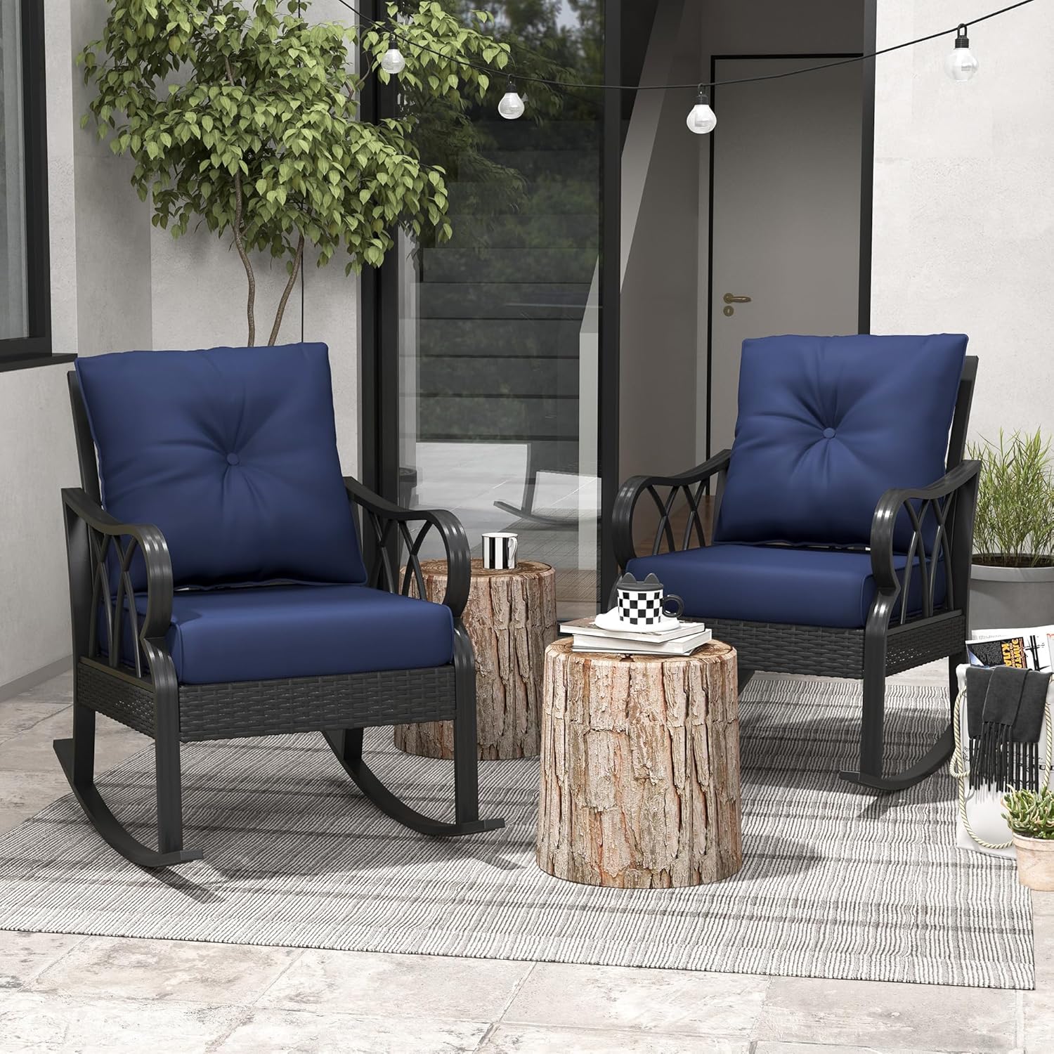 Outsunny 2 Piece Outdoor Wicker Rocking Chairs with Padded Cushions, Aluminum Furniture Rattan Porch Rocker Chairs w/Armrest for Garden, Patio, and Backyard, Blue